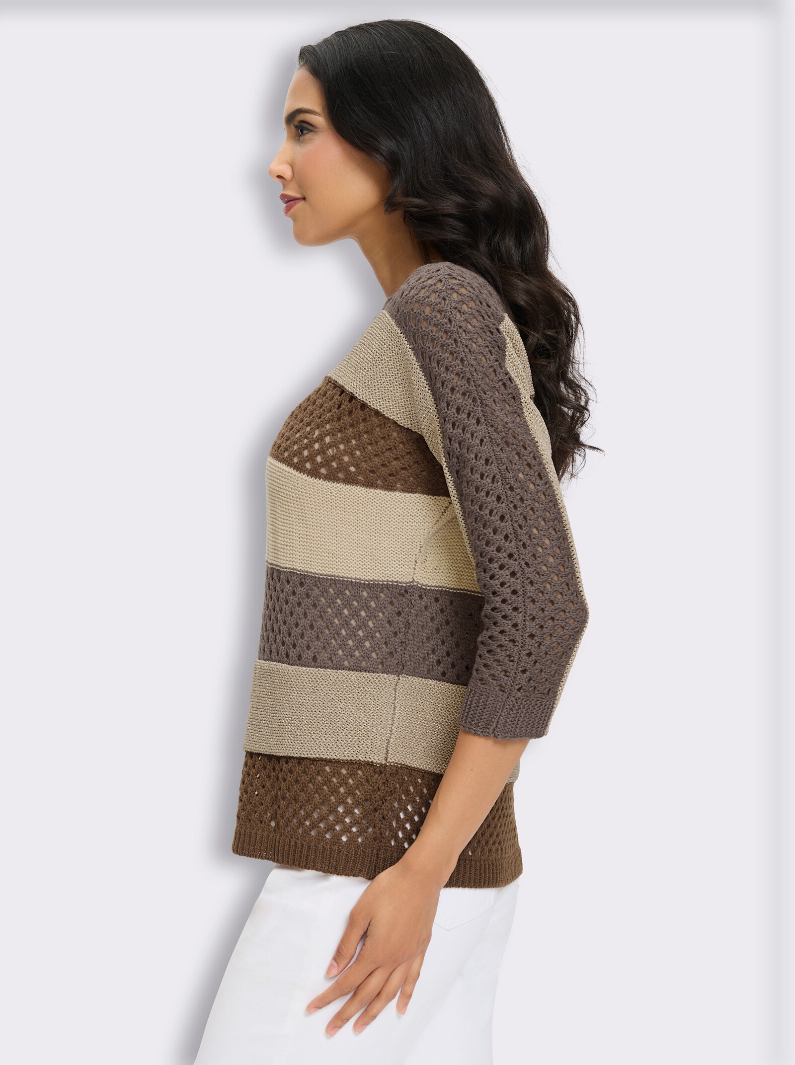 Ajourpullover mit Glanzgarn - braun-sand-gemustert