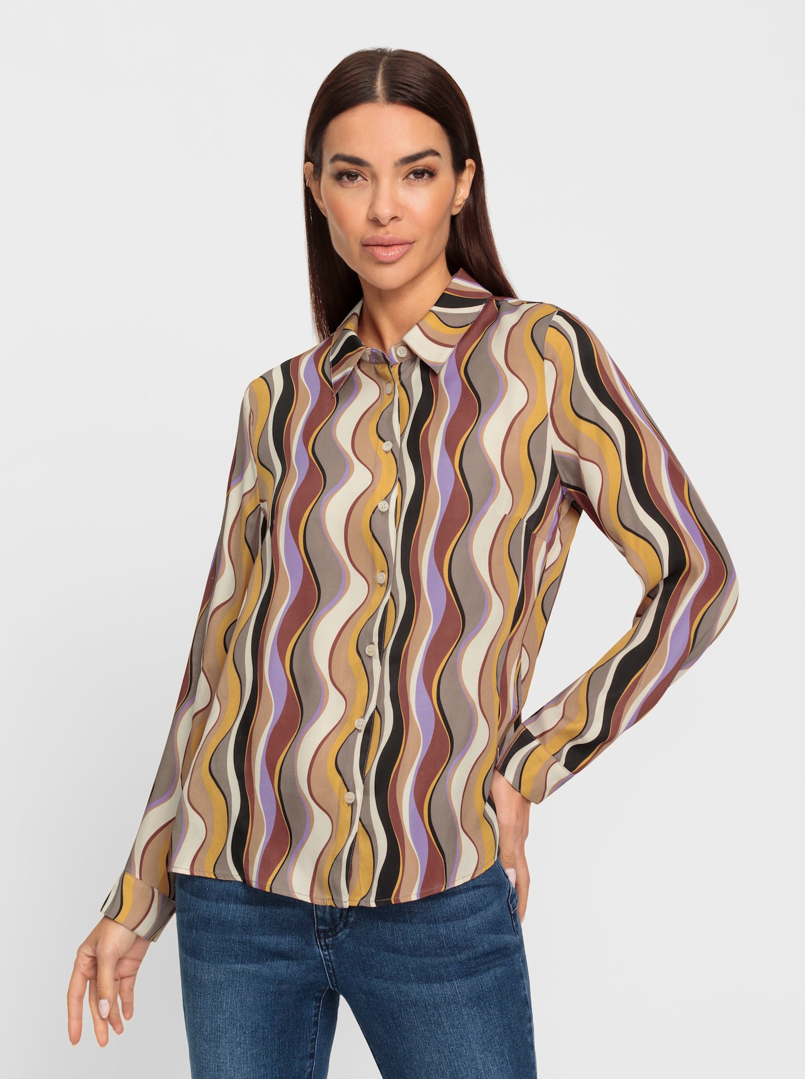 heine Hemdbluse mit Rückenfalte - camel-lavendel-bedruckt