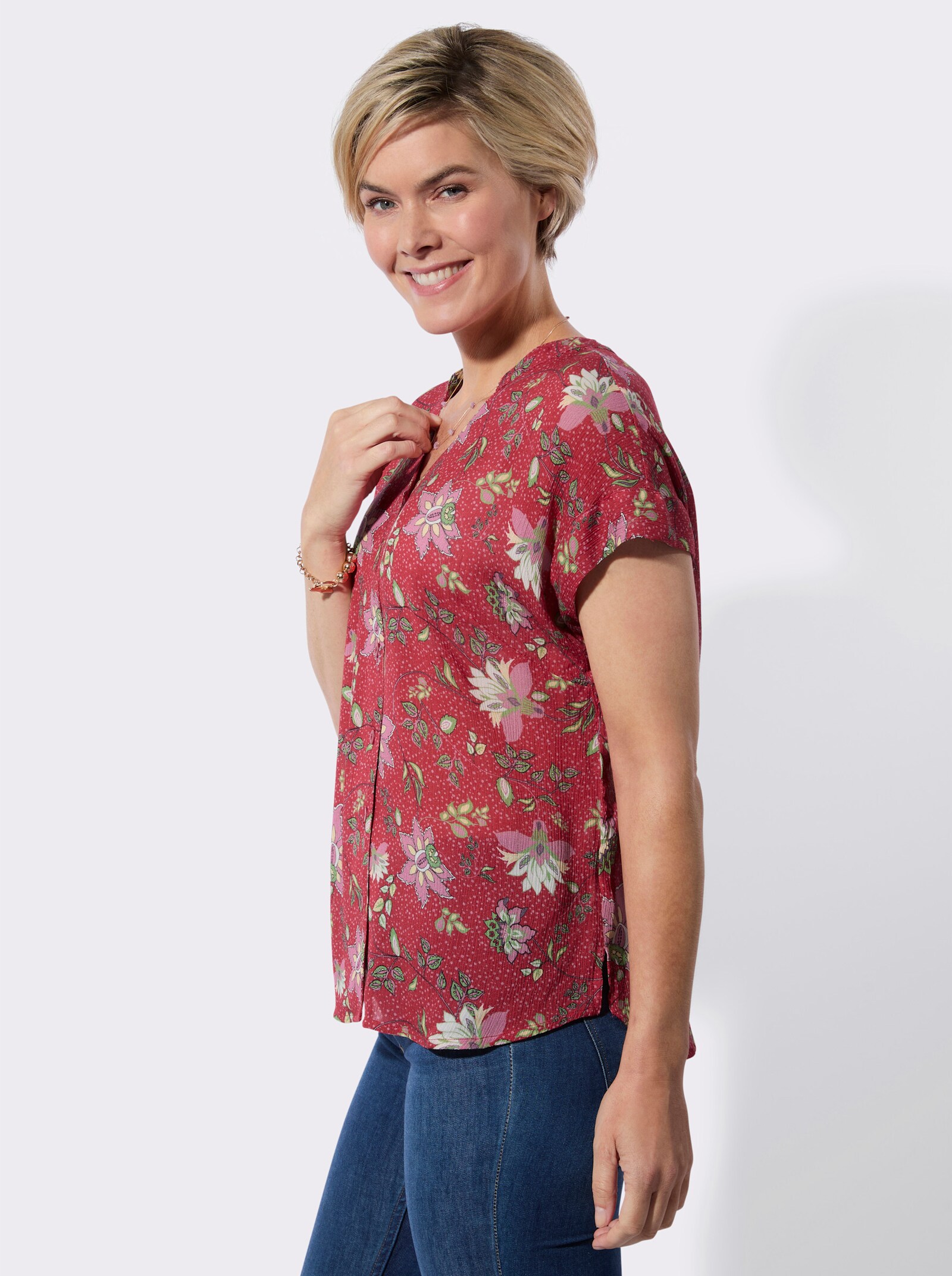 Kurzarmbluse in strukturierter Qualität - erdbeere-eucalyptus-bedruckt