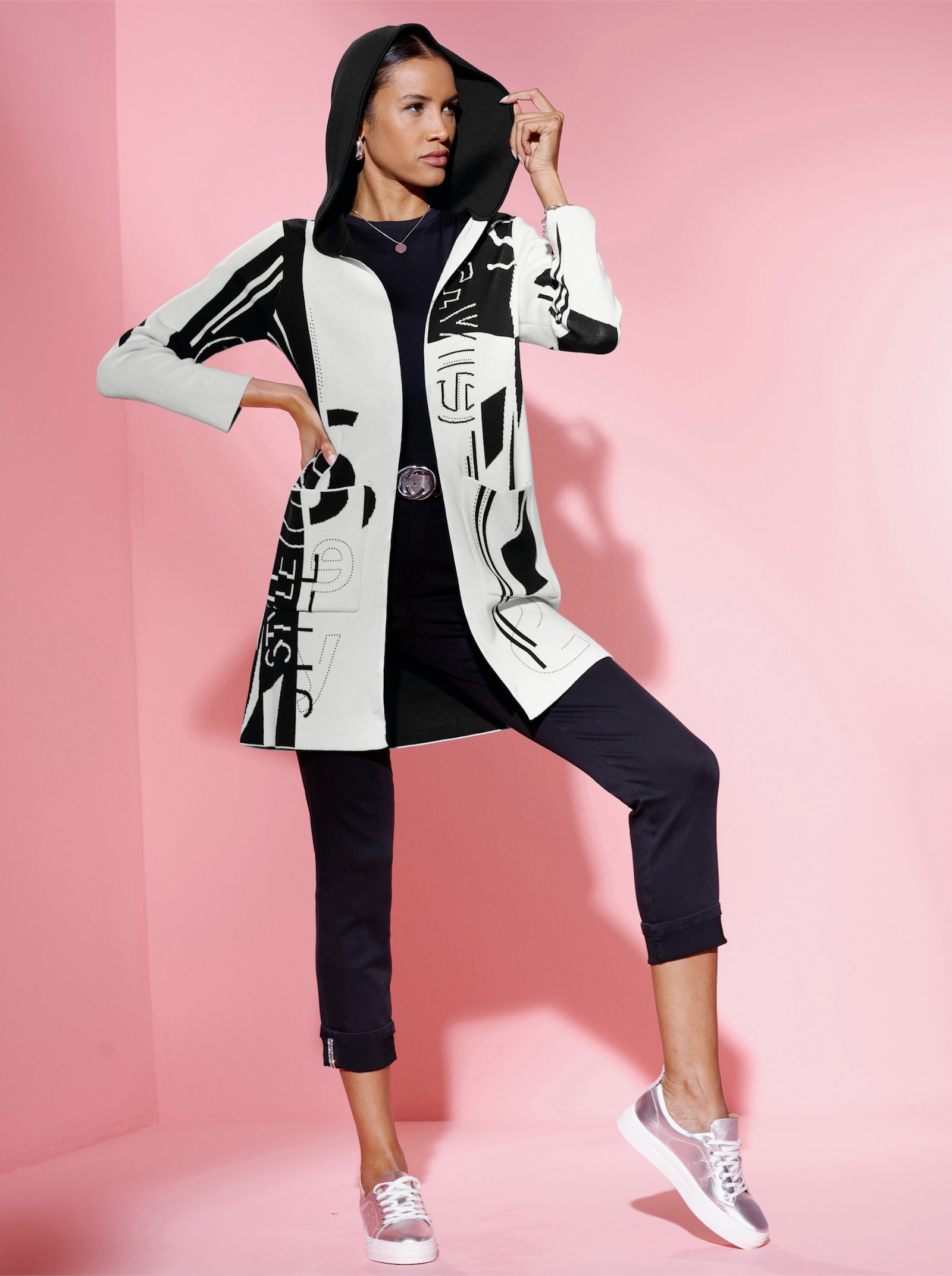 Veste longue en tricot au motif jacquard - écru-noir à motifs