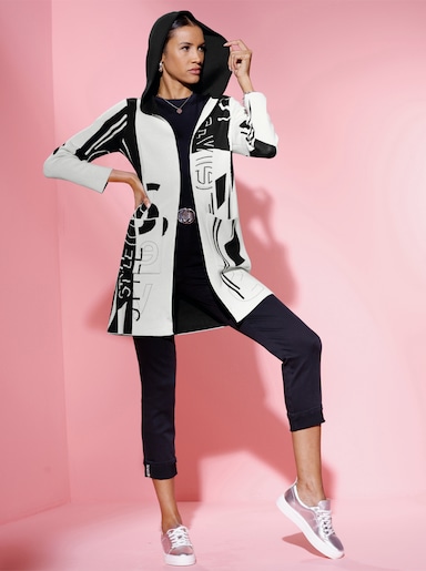 Longstrickjacke im Jacquard-Dessin - ecru-schwarz-gemustert