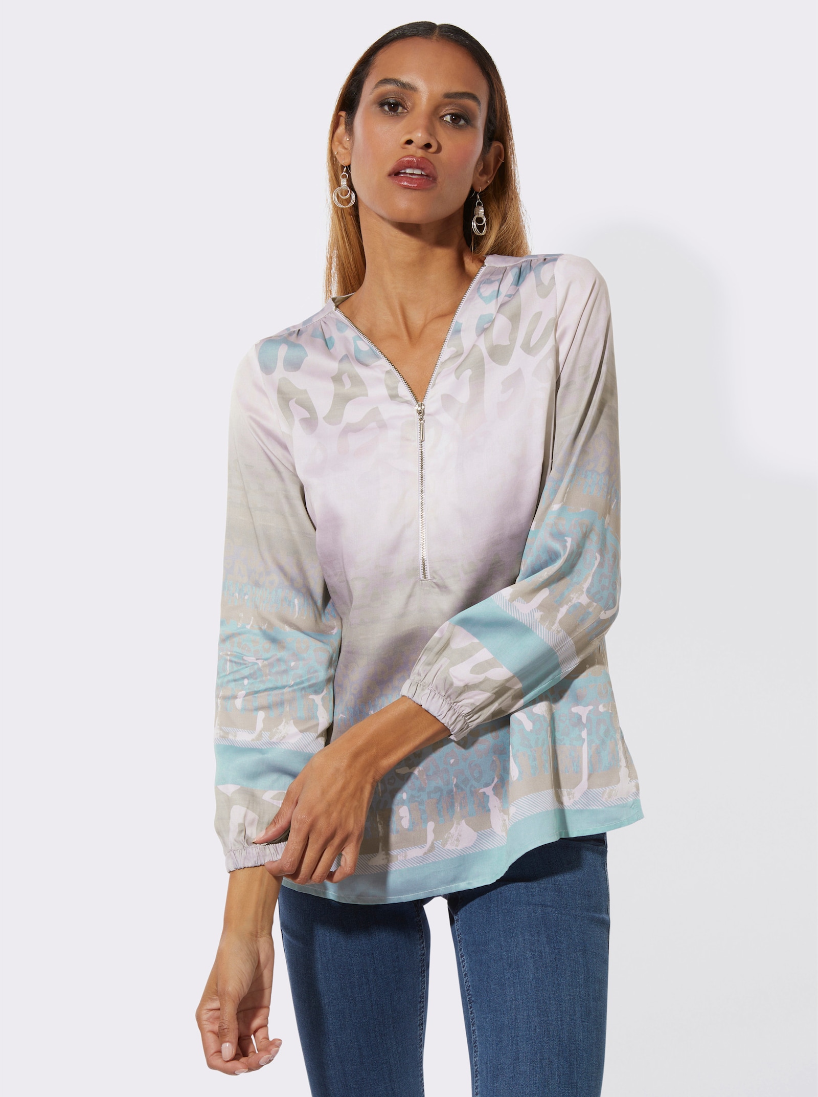 Longbluse im seidig matten Glanz - sesam-champagner-bedruckt