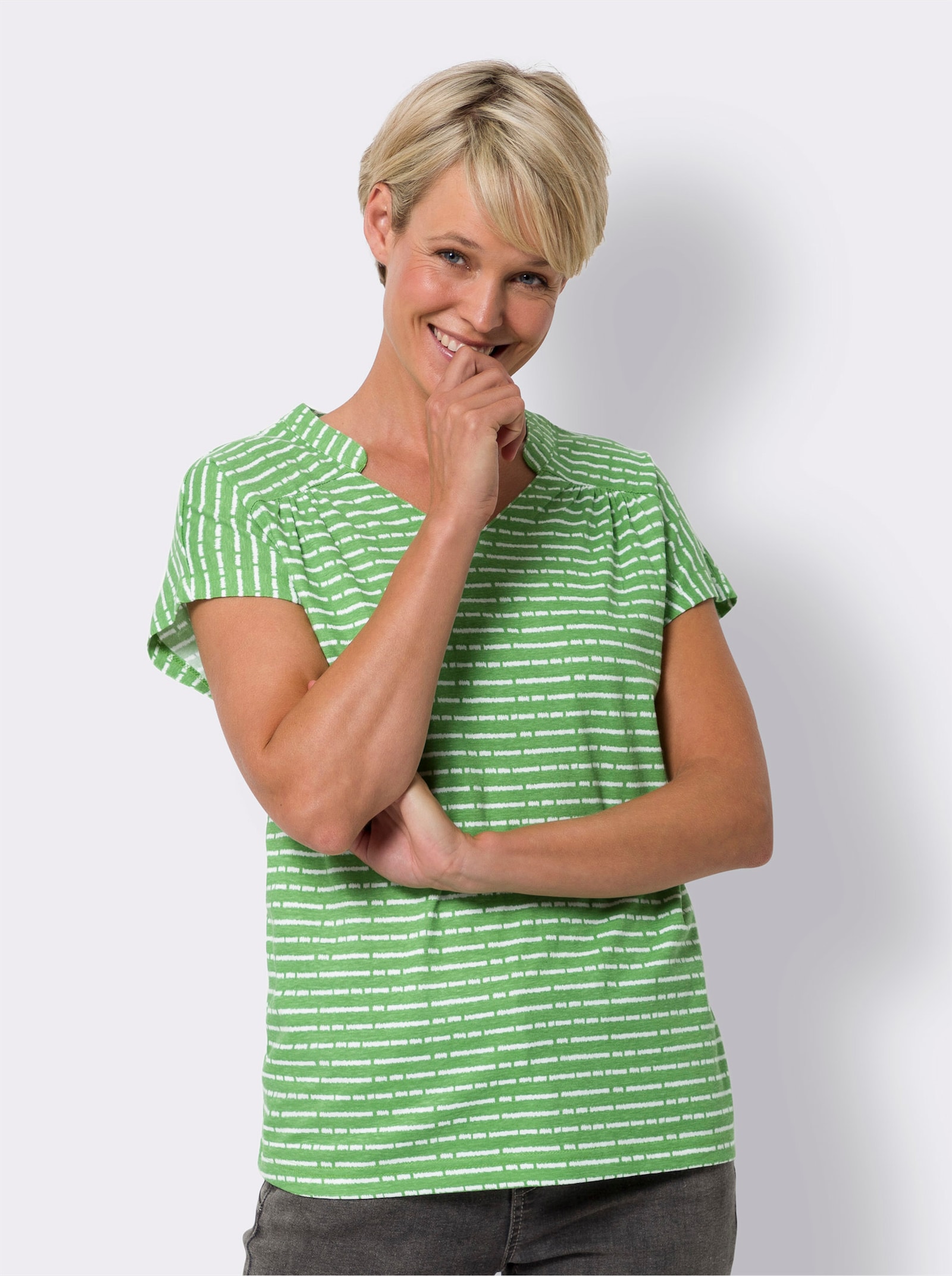 Shirt mit Stehkragen und V-Ausschnitt - apfel-weiß-geringelt