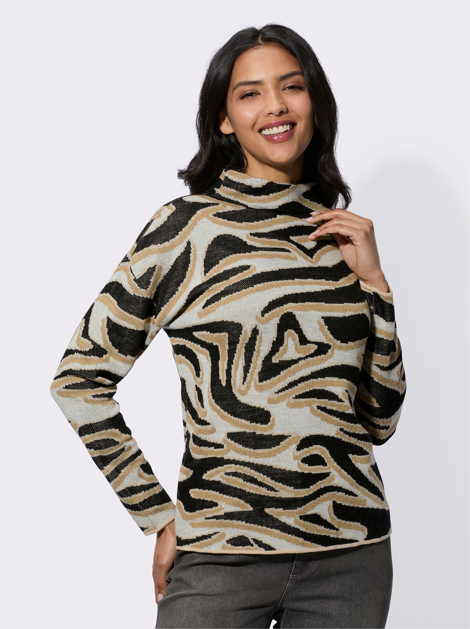 Jacquard-Pullover mit Kelchkragen - camel-schwarz-gemustert