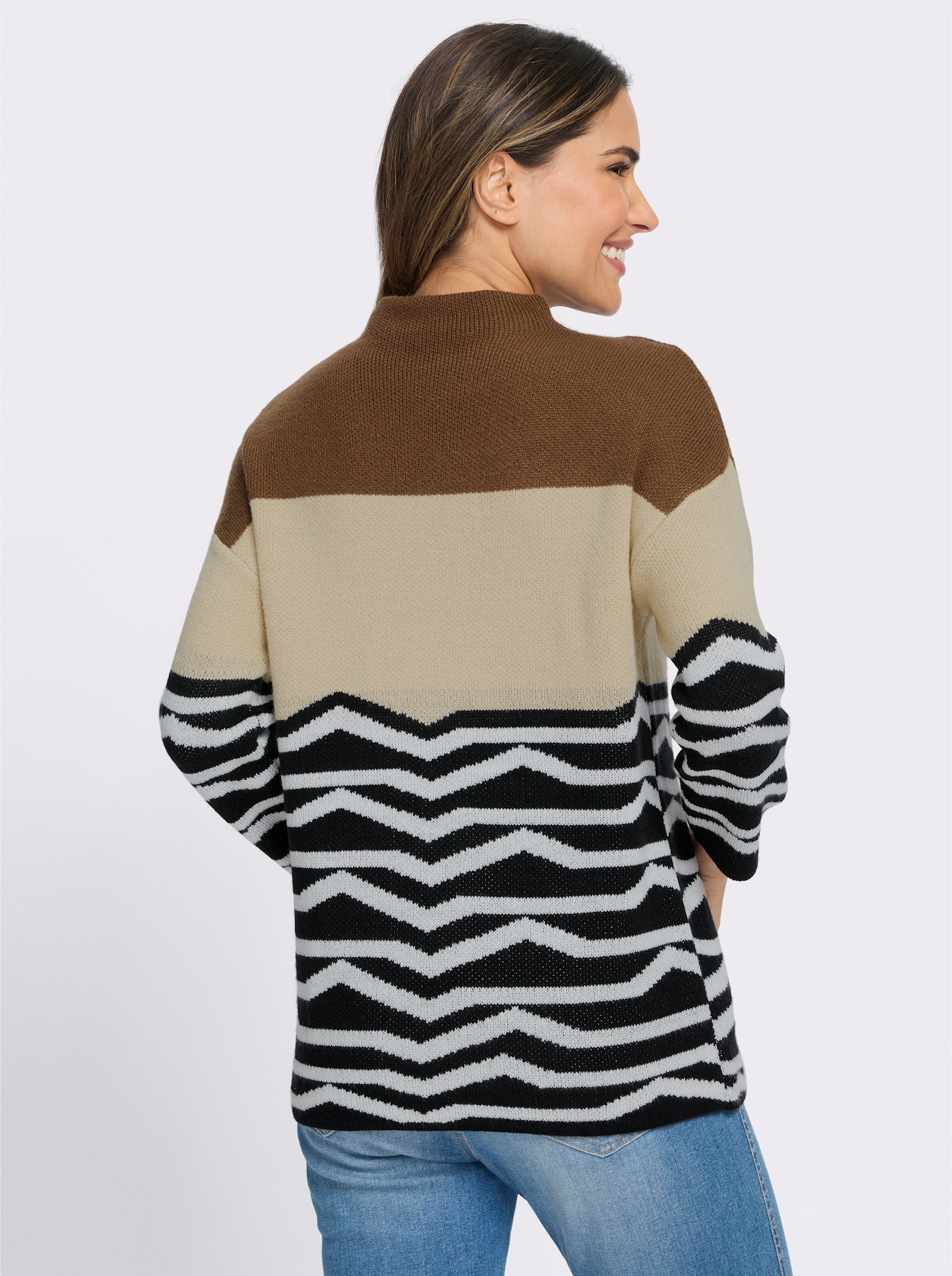 3/4 Arm-Pullover mit Jaquardmuster - sand-schwarz-gemustert