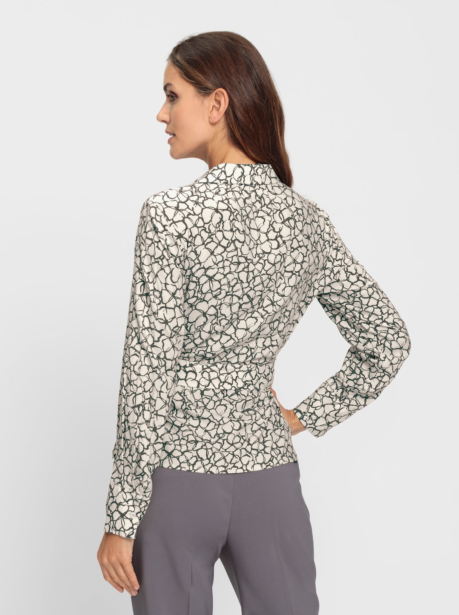 heine Druckbluse mit Bindegürtel - sand-anthrazit-bedruckt