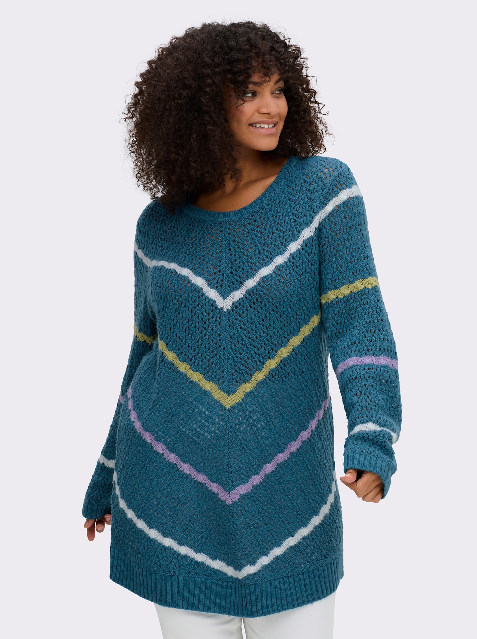 sheego Ajourpullover mit Zopfmuster-Streifen - topas-gemustert