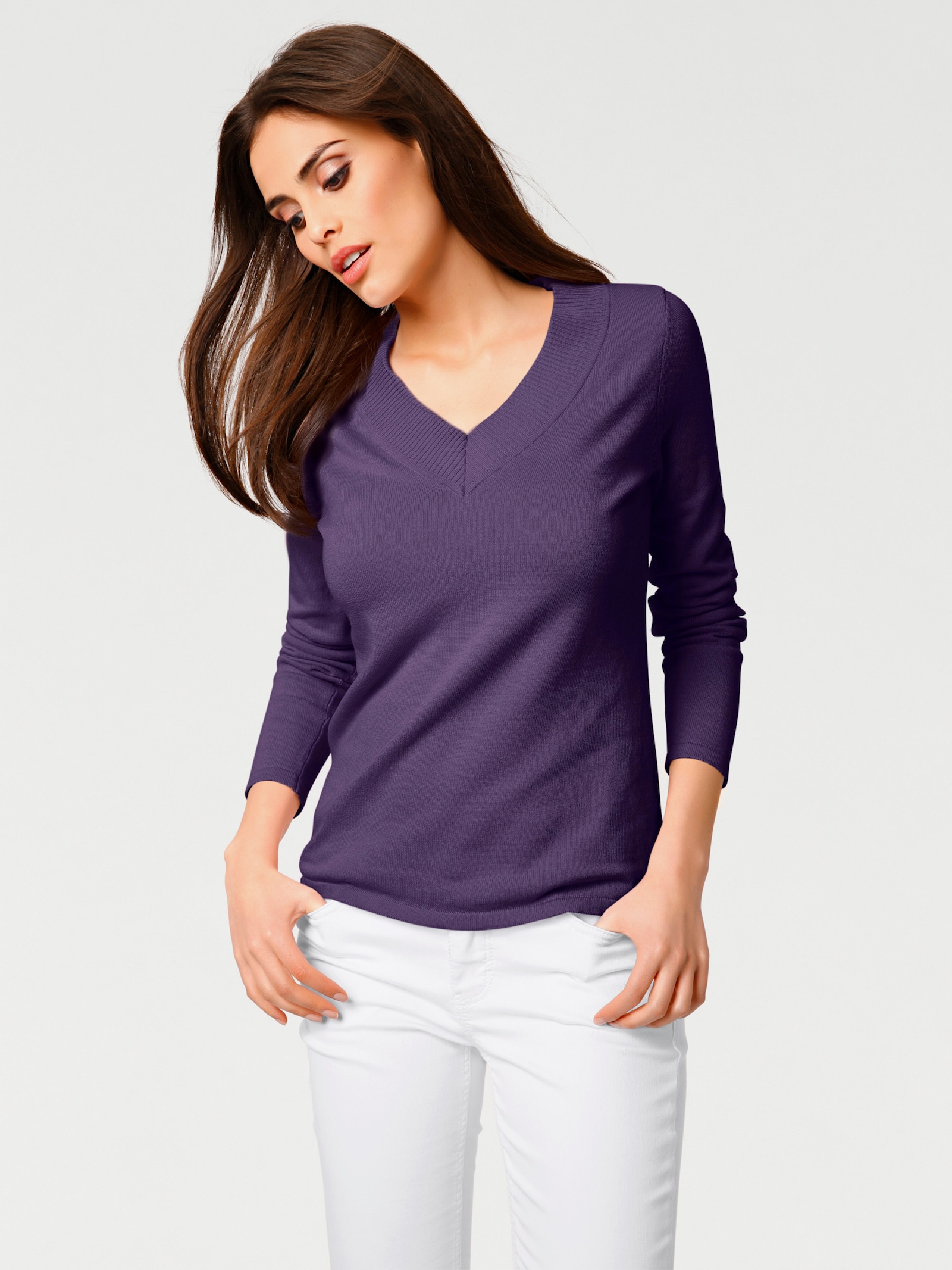 heine V-Ausschnitt-Pullover aus reiner Baumwolle - pflaume