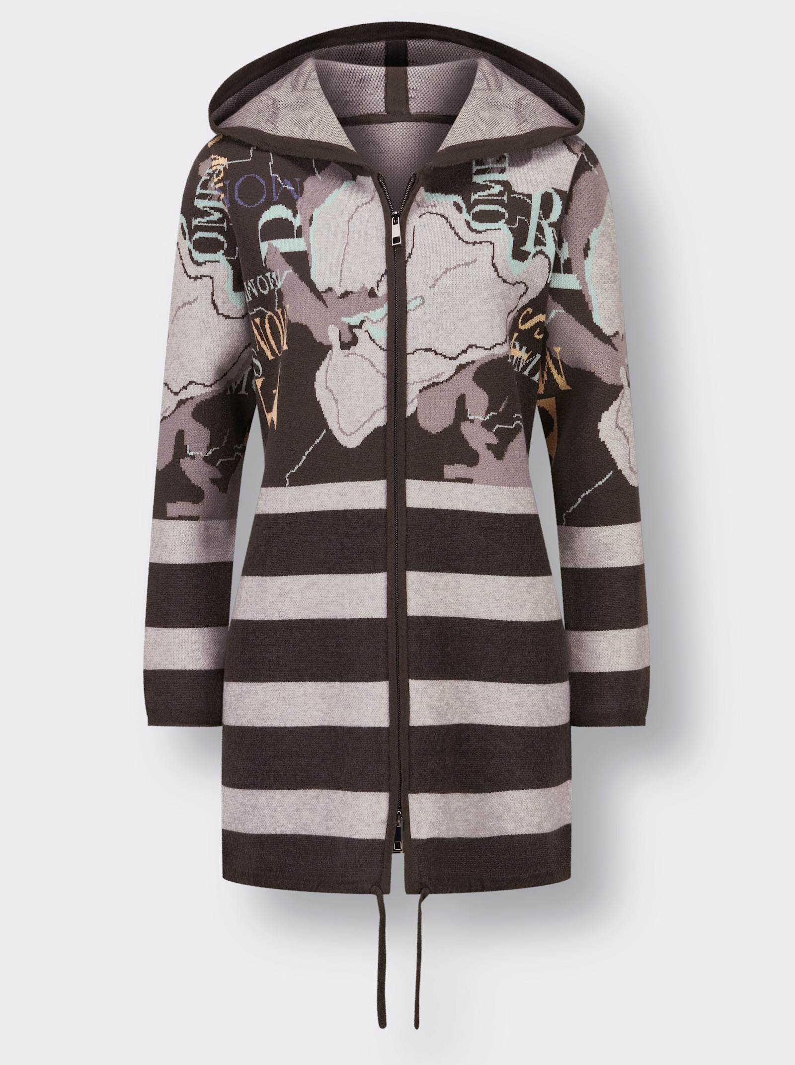 Vest van jacquard met capuchon - grafiet/lichtgrijs gedessineerd