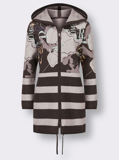 Jacquardstrickjacke mit Kapuze - graphit-hellgrau-gemustert