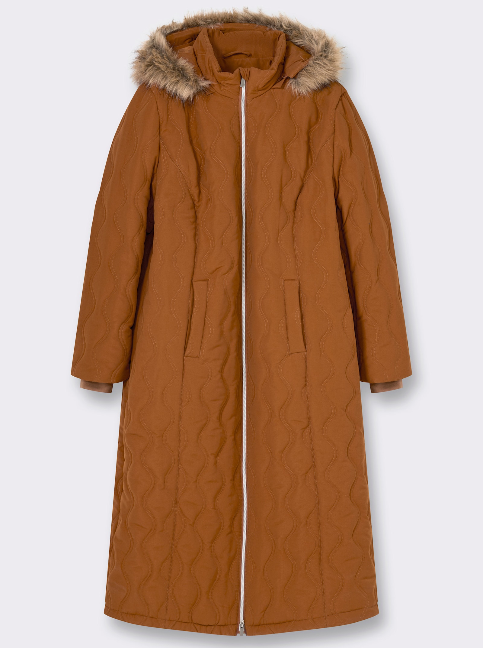 sheego Steppmantel mit Kapuze und Fellimitat-Besatz - cognac