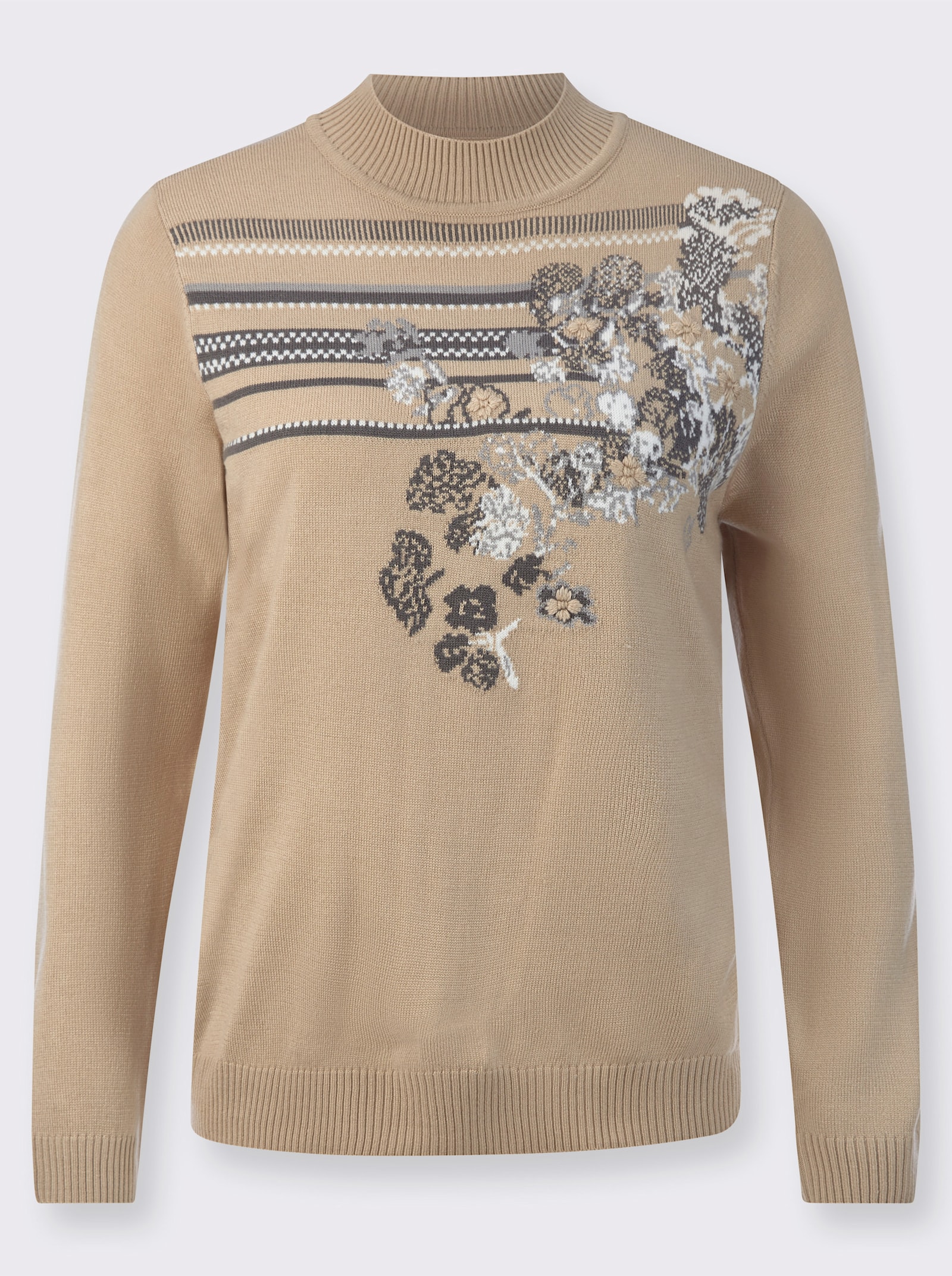Stehkragenpullover mit Intarsien-Muster, floral - beige