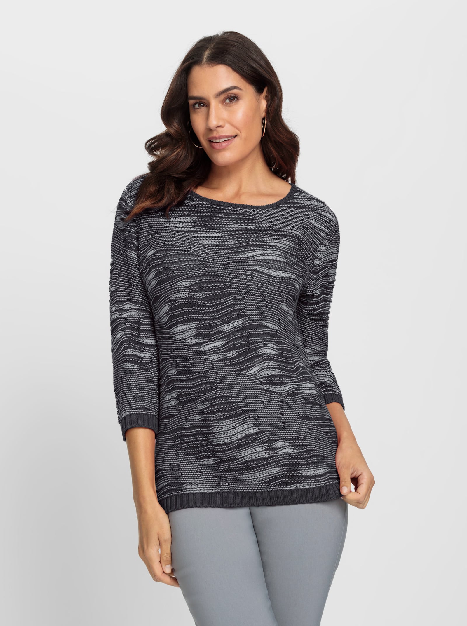 3/4 Arm-Pullover im Strickmuster-Mix - schwarz-gemustert