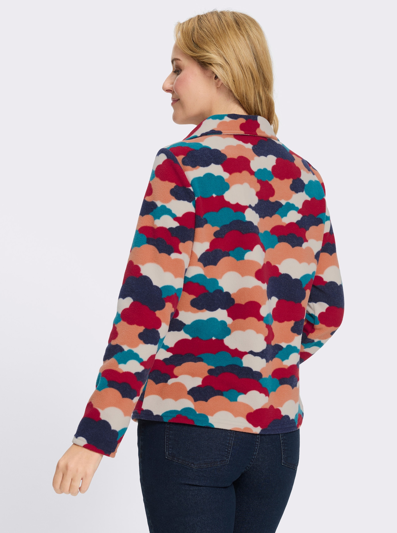 Fleeceshirt mit Wolken-Muster allover - marine-papaya-bedruckt