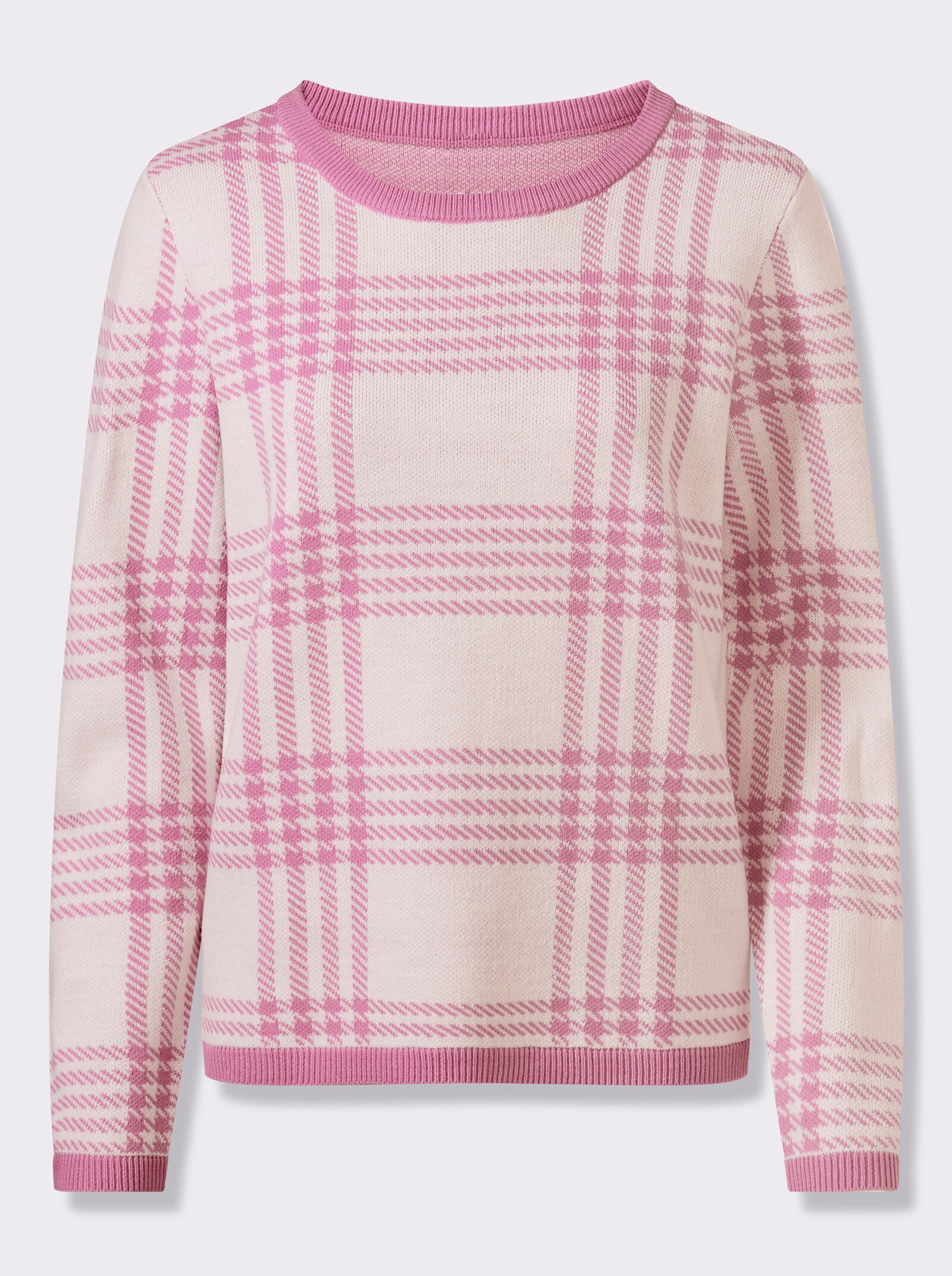 Svetr s kulatým výstřihem s kostkovaným žakárovým vzorem - orchideová-ecru-vzor