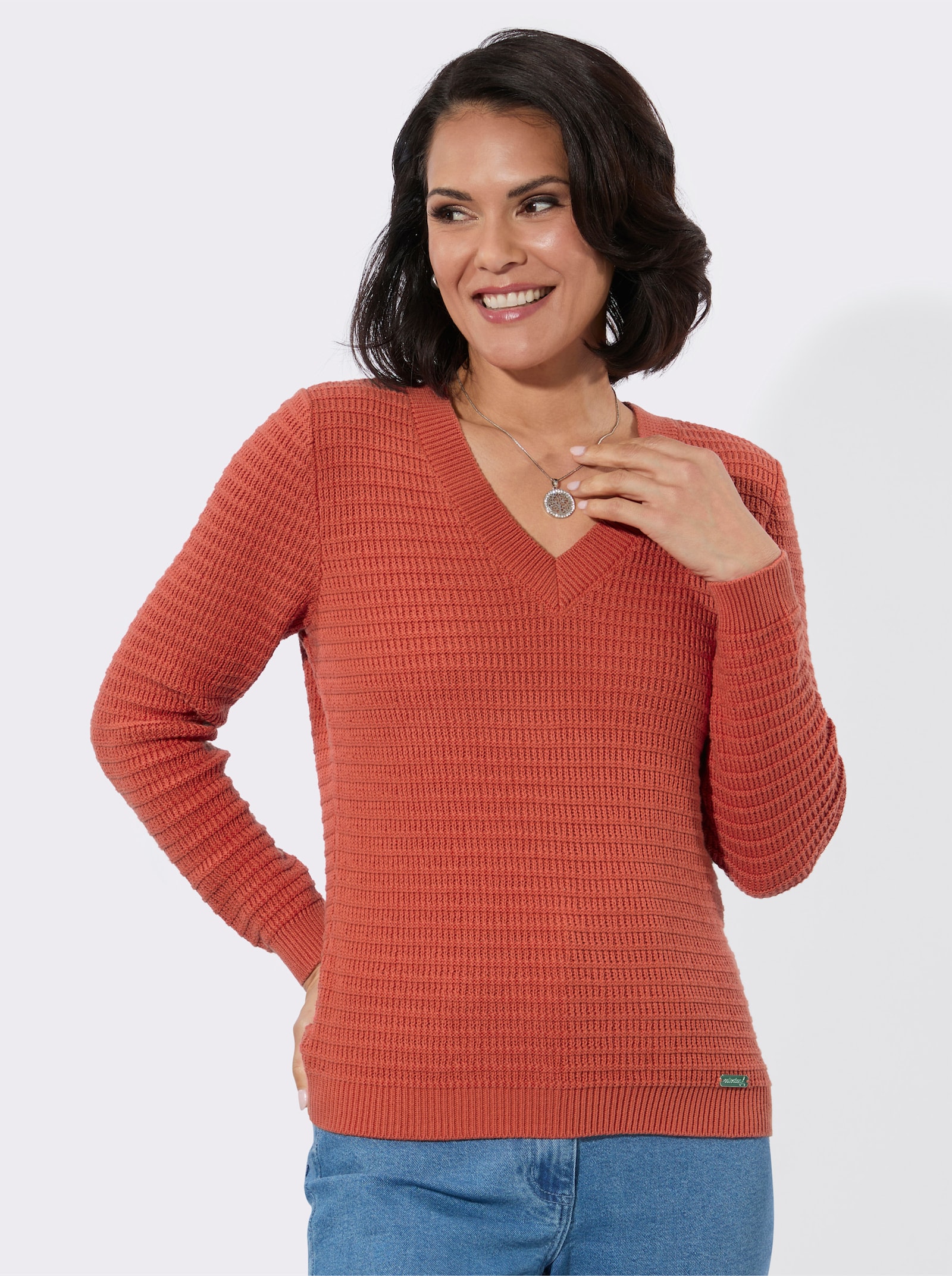 V-Ausschnitt-Pullover mit geripptem Saum - terra