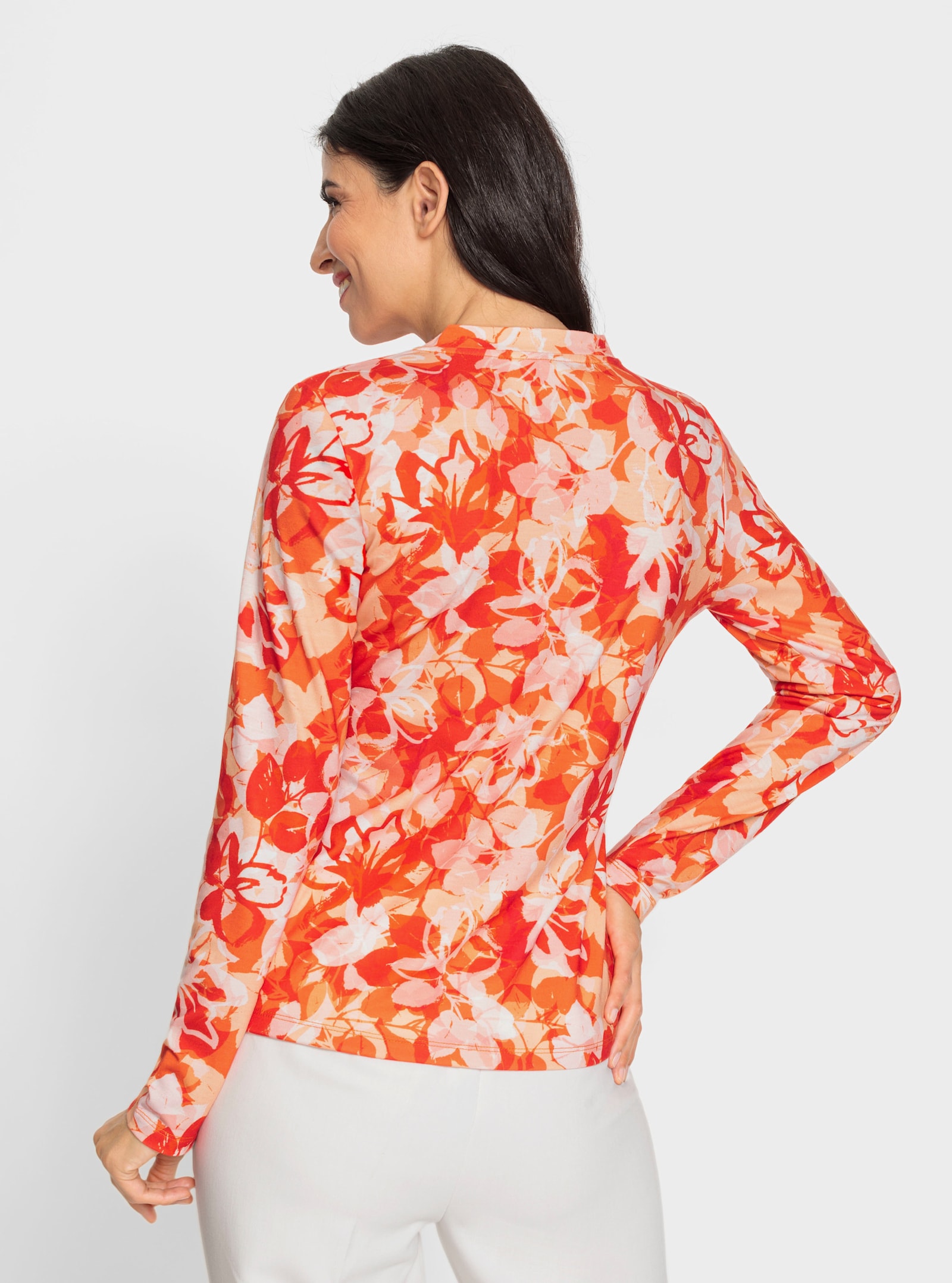 heine V-Shirt mit Wickel-Effekt - orange-ecru-bedruckt