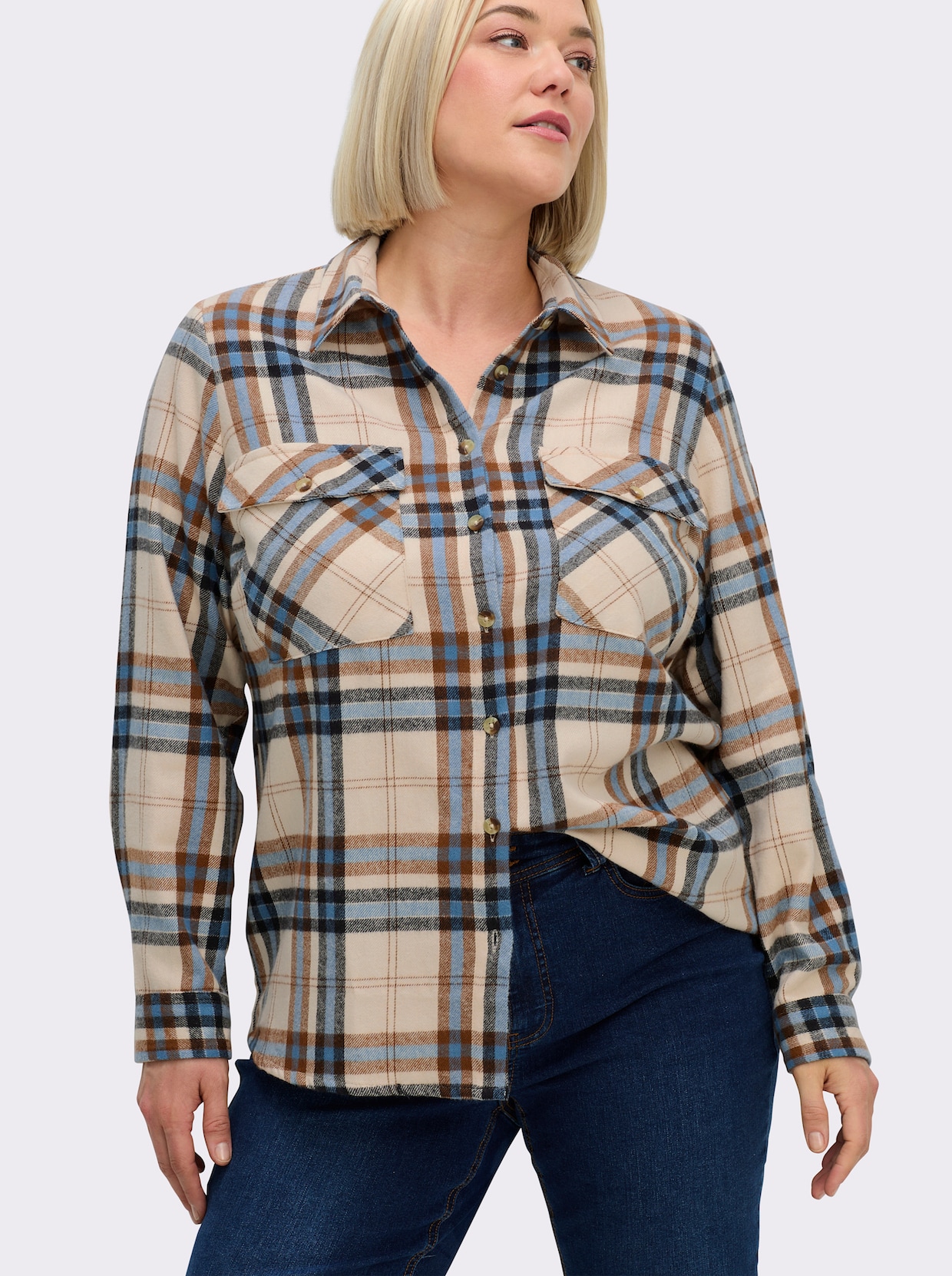 Flanellbluse mit mehrfarbigem Webkaro - mittelblau-elfenbein-kariert