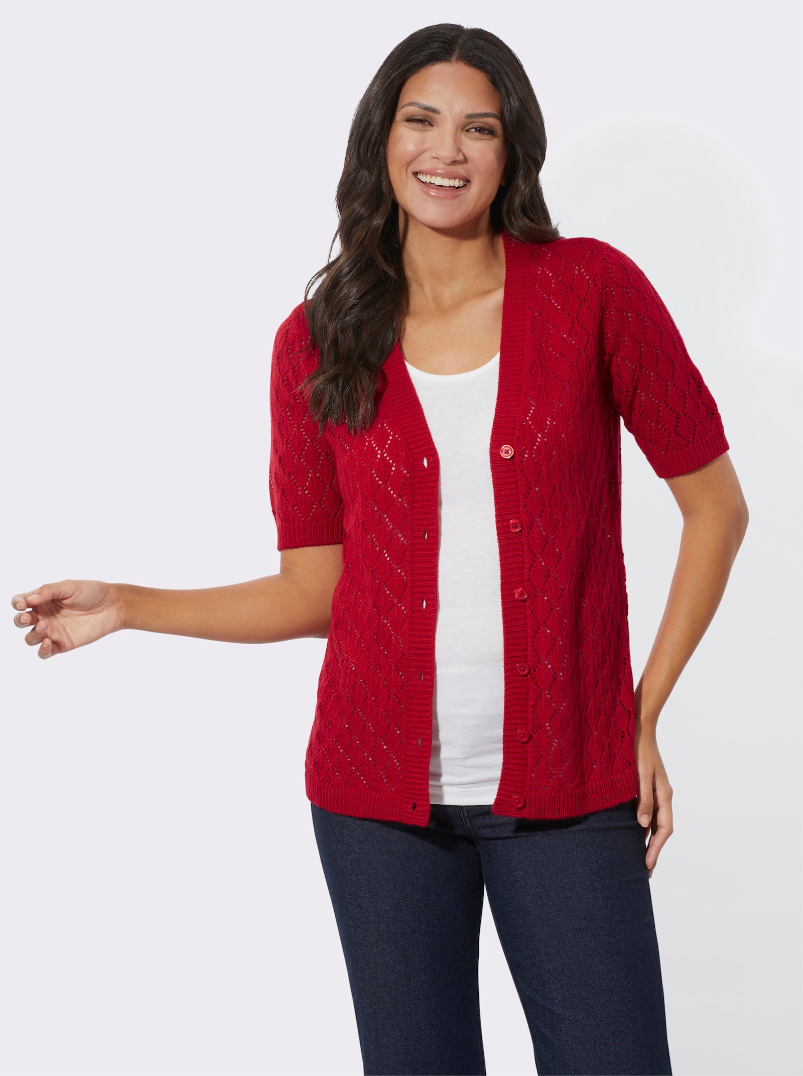 Ajourstrickjacke mit kurzen Ärmeln - rot
