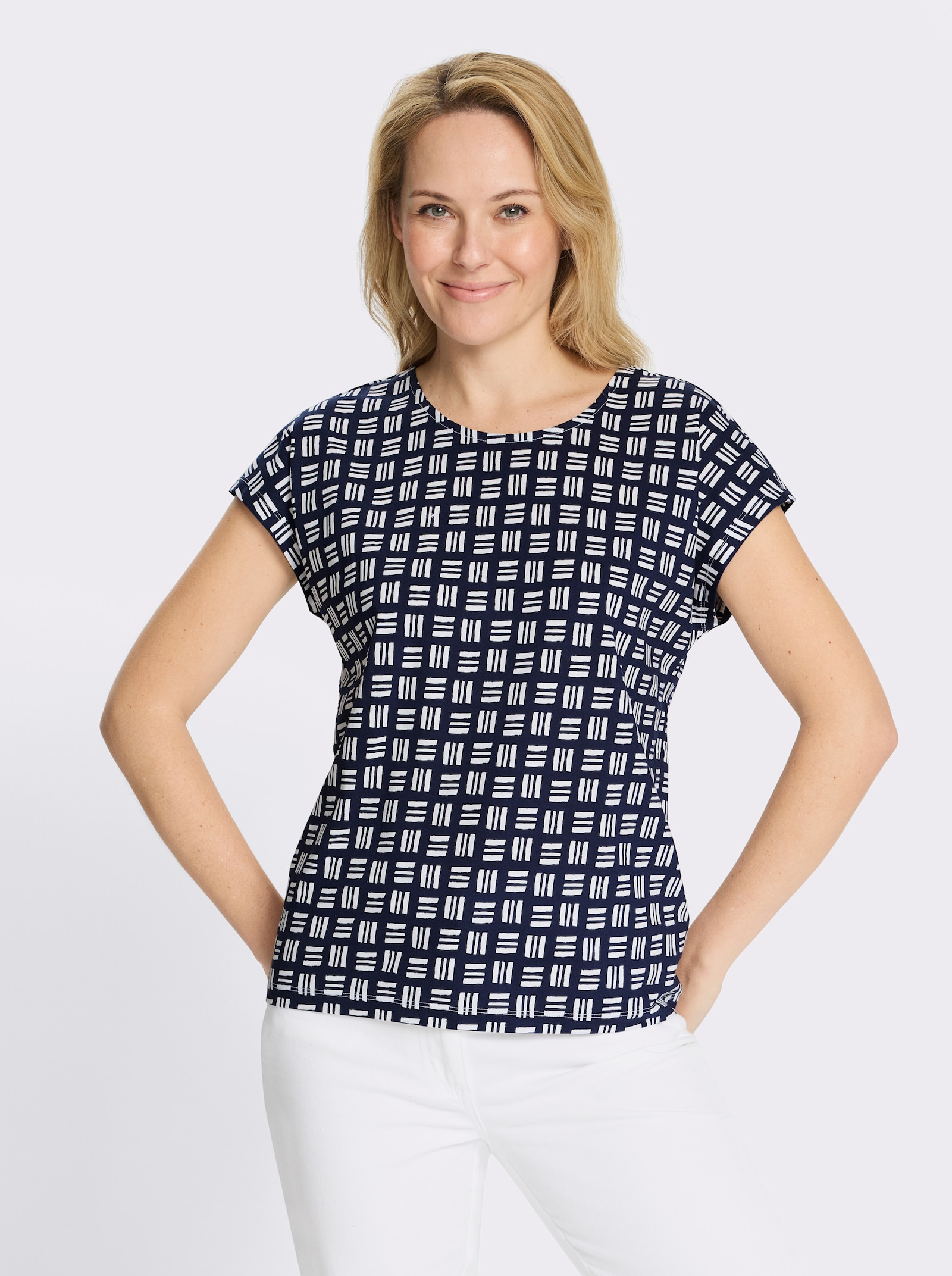 Kurzarmshirt im Allover-Druckmuster - marine-ecru-bedruckt