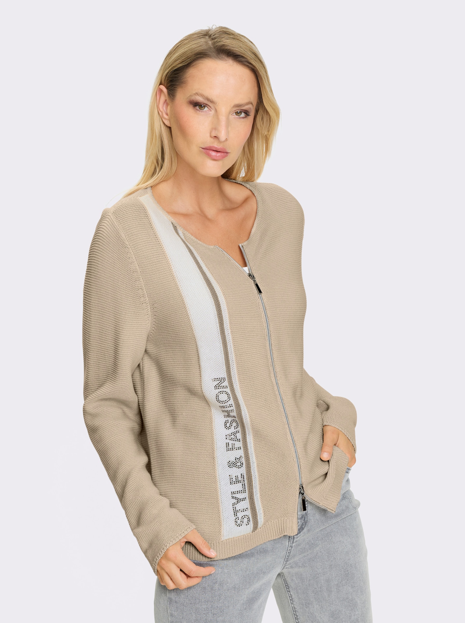 heine Strickjacke mit 2-Wege-Zipper - sand-ecru-gemustert