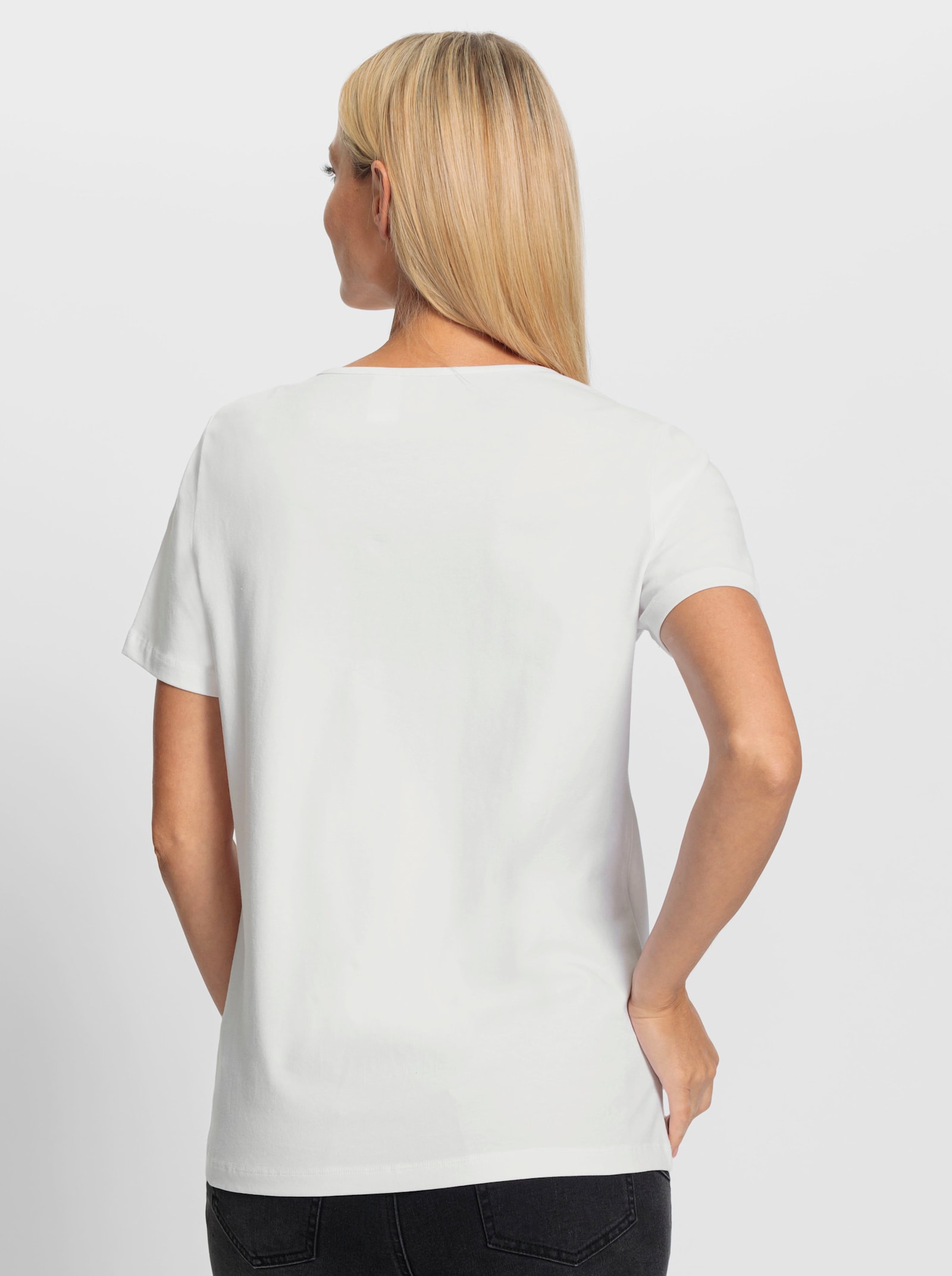 heine Kurzarmshirt mit Pailletten und Glitzersteinen - weiss-marine-bedruckt