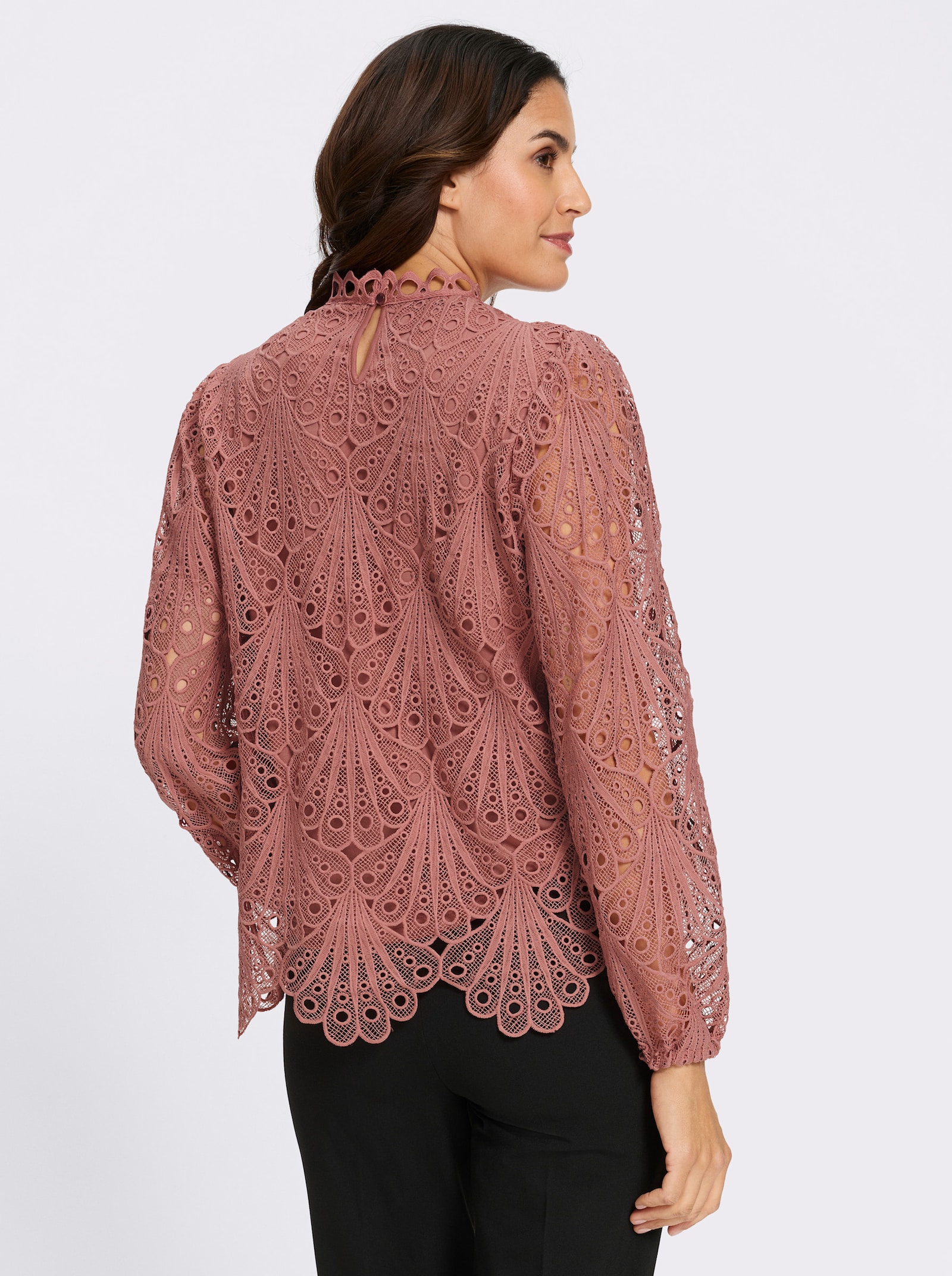 Spitzenbluse mit Schlingenverschluss hinten - rosenholz