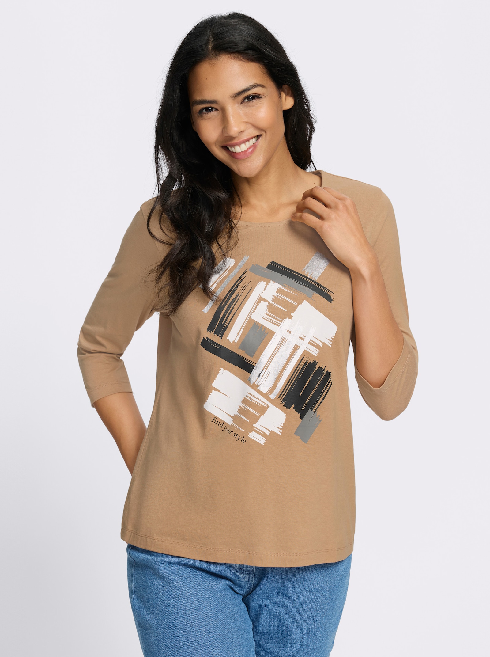 3/4-Arm-Shirt mit glänzendem Druck - camel-ecru