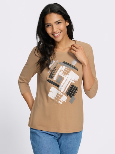 3/4-Arm-Shirt mit glänzendem Druck - camel-ecru