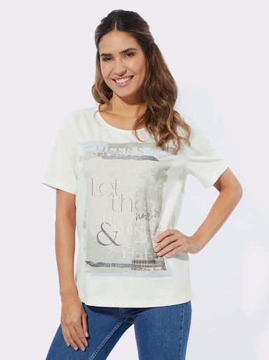 Kurzarmshirt mit Glitzerdruck - ecru-steingrau