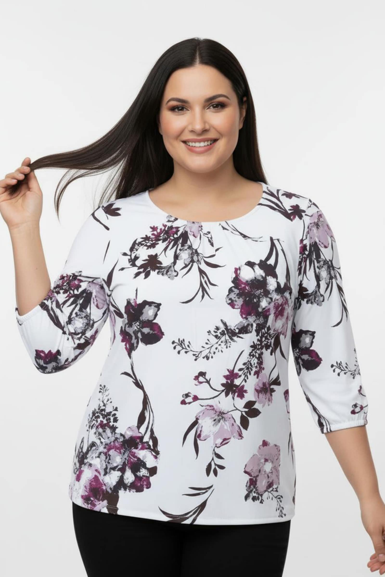 3/4-Arm-Shirt mit elastischen Abschlüssen - weiß-magenta-bedruckt