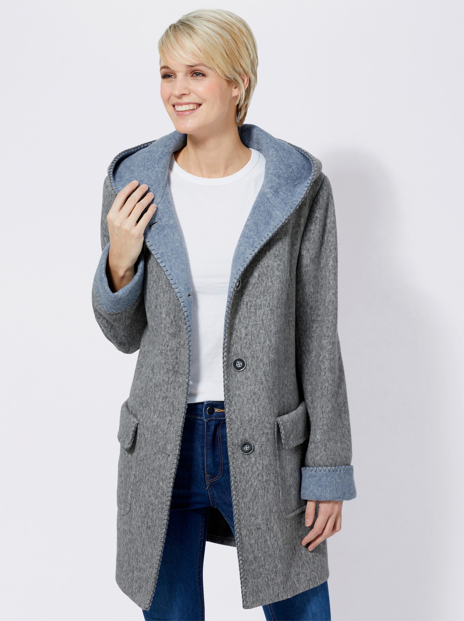 Jack met capuchon in wollook - lichtgrijs gemêleerd