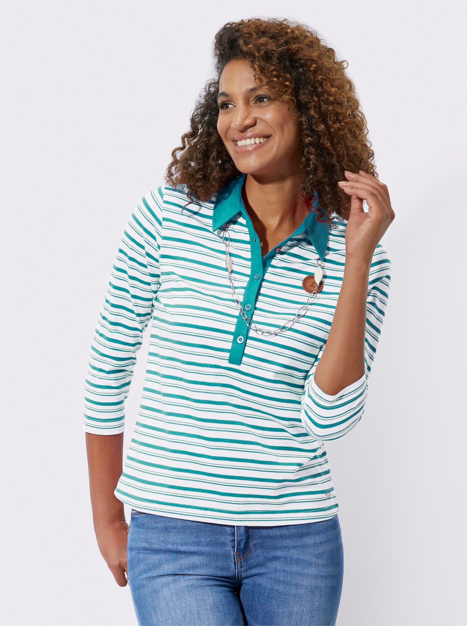 Poloshirt mit Logo-Patch - ozean-weiss-geringelt