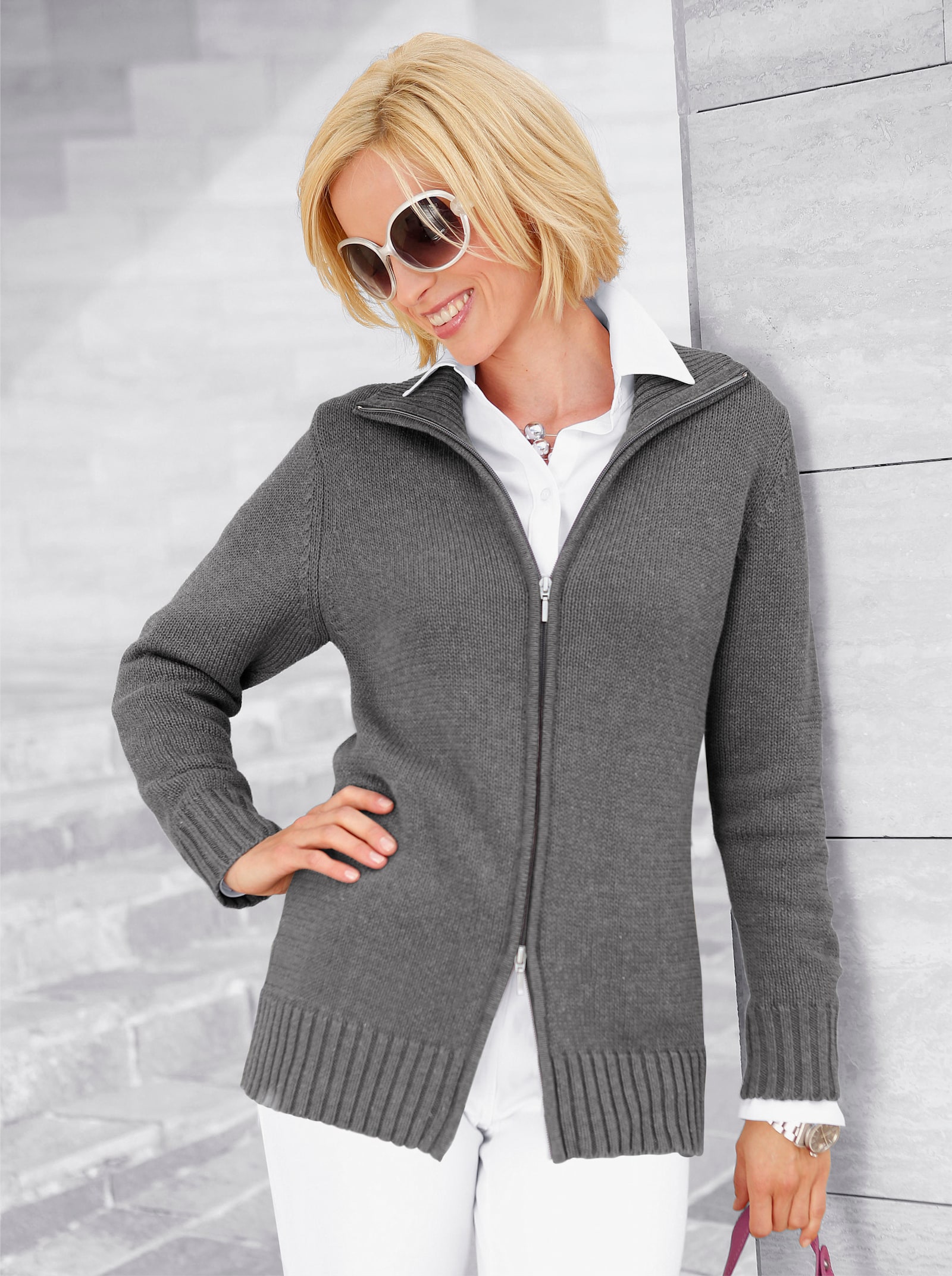 Strickjacke mit 2-Wege-Reißverschluss - grau-meliert