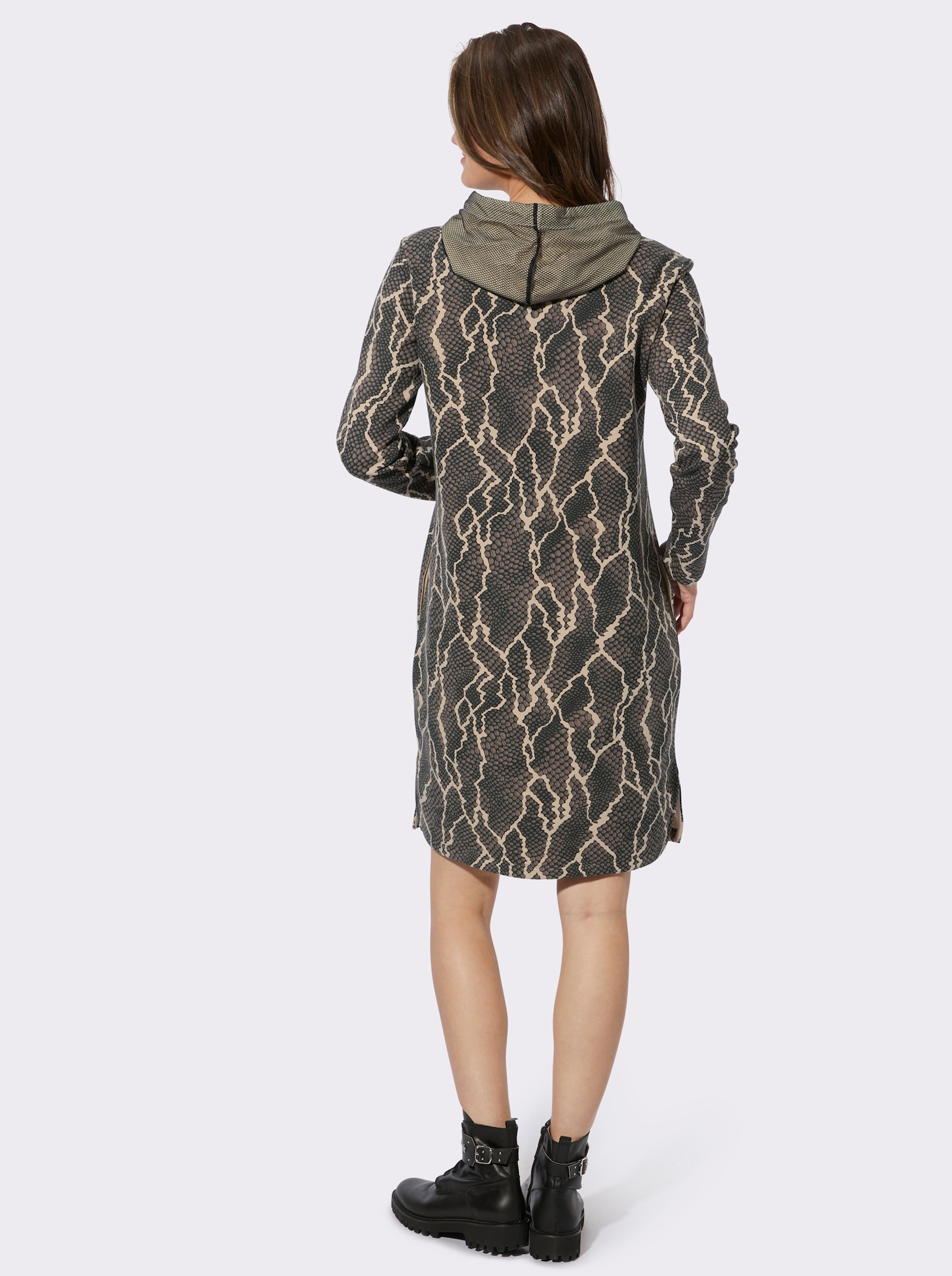 Druckkleid in Sweat-Qualität - schwarz-taupe-bedruckt