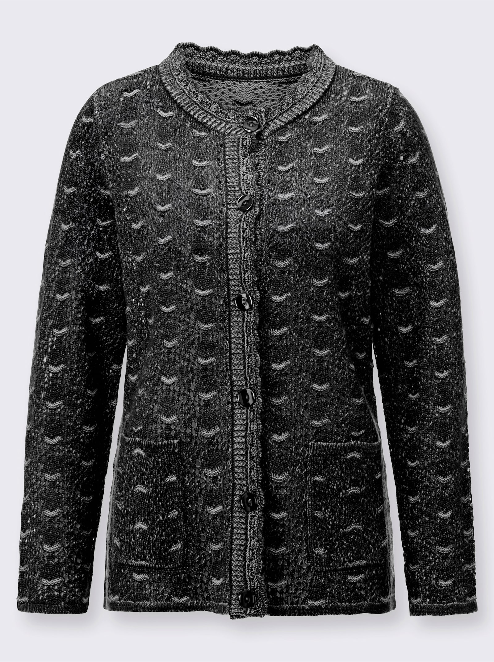  Ajourstrickjacke mit gebogten Abschlüssen - schwarz-meliert