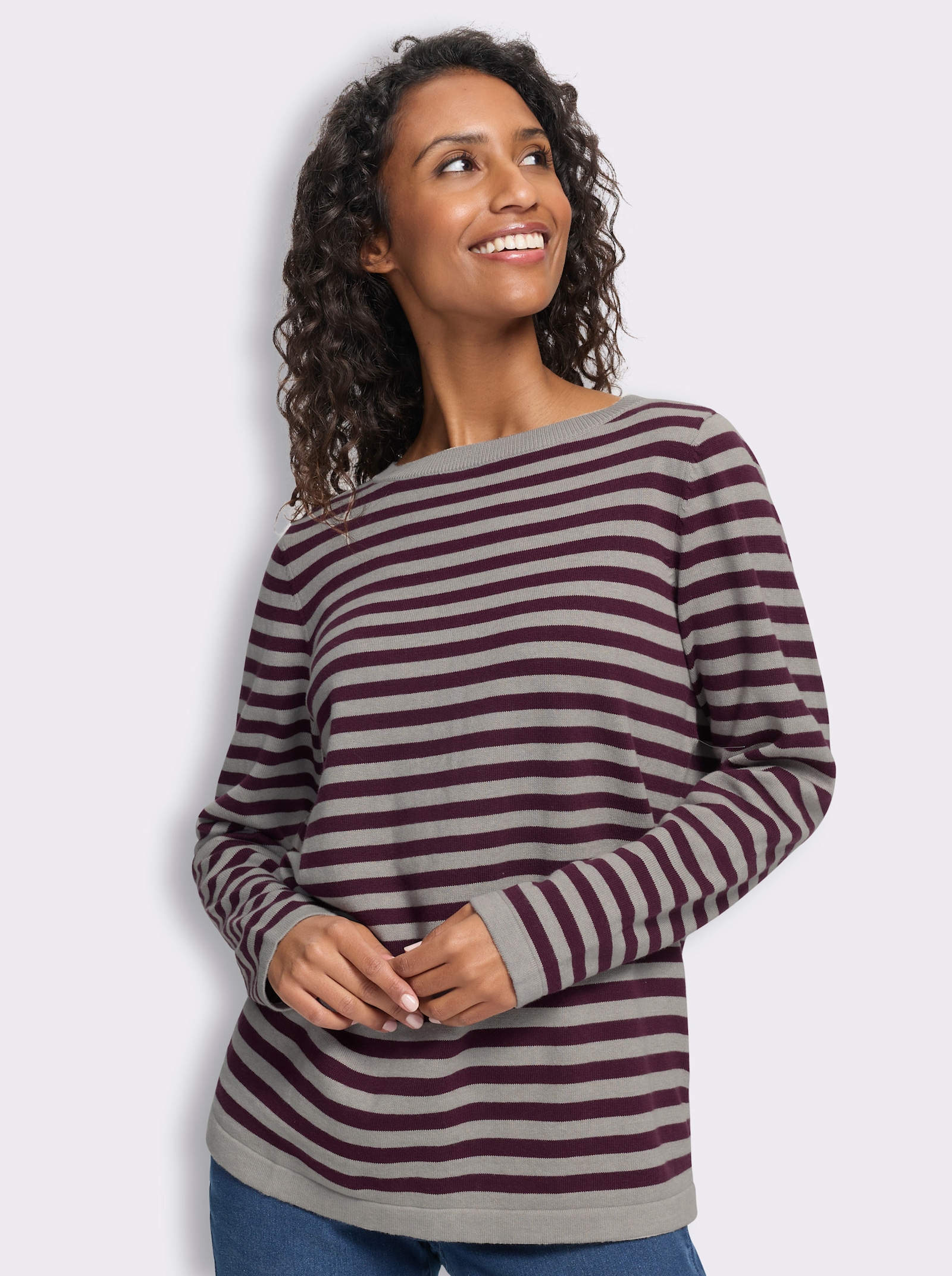 heine Feinstrickpullover mit Ringelstreifen - steingrau-burgund-geringelt