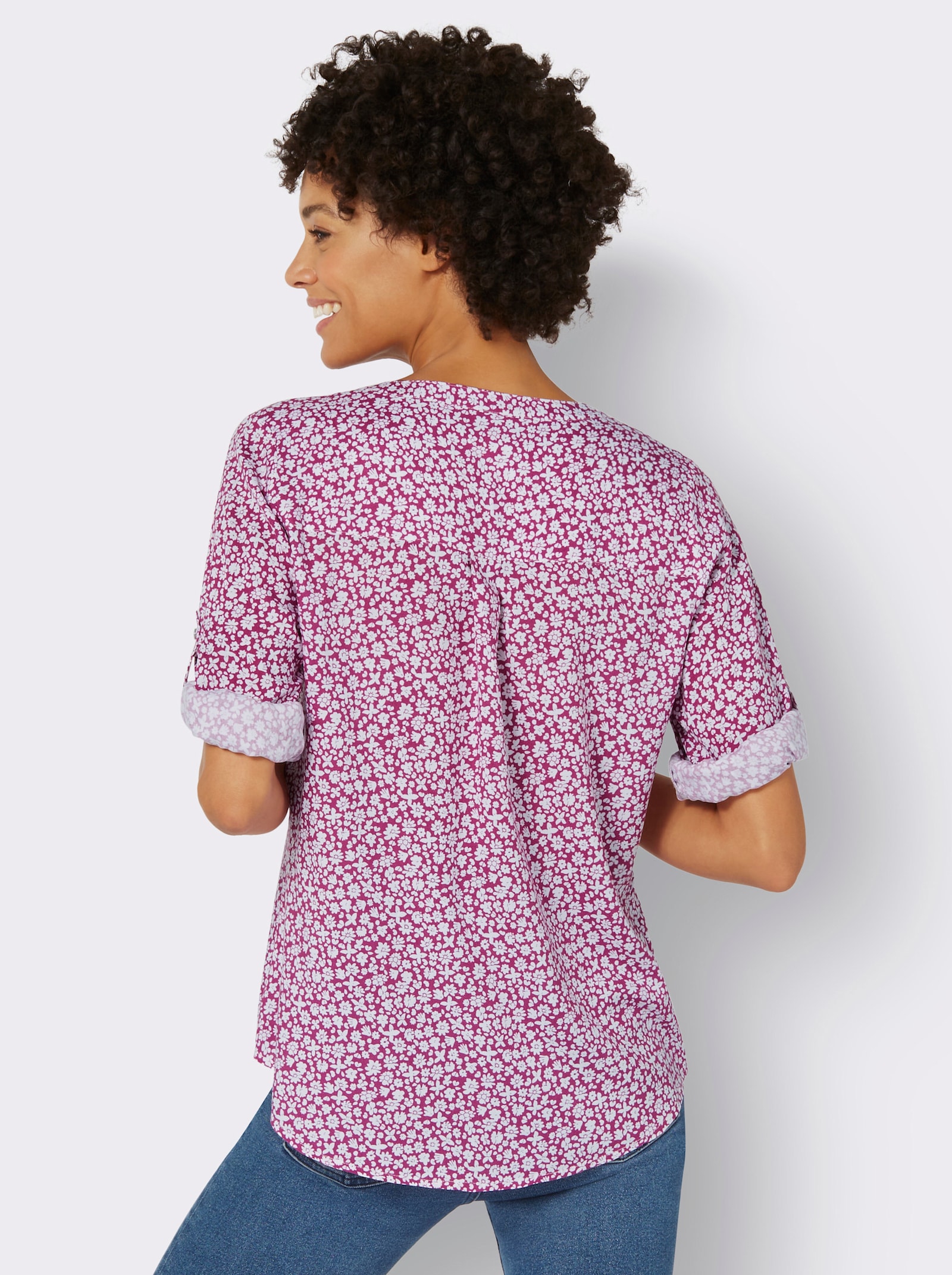 Druckbluse mit krempelbaren Ärmeln - magenta-ecru-bedruckt