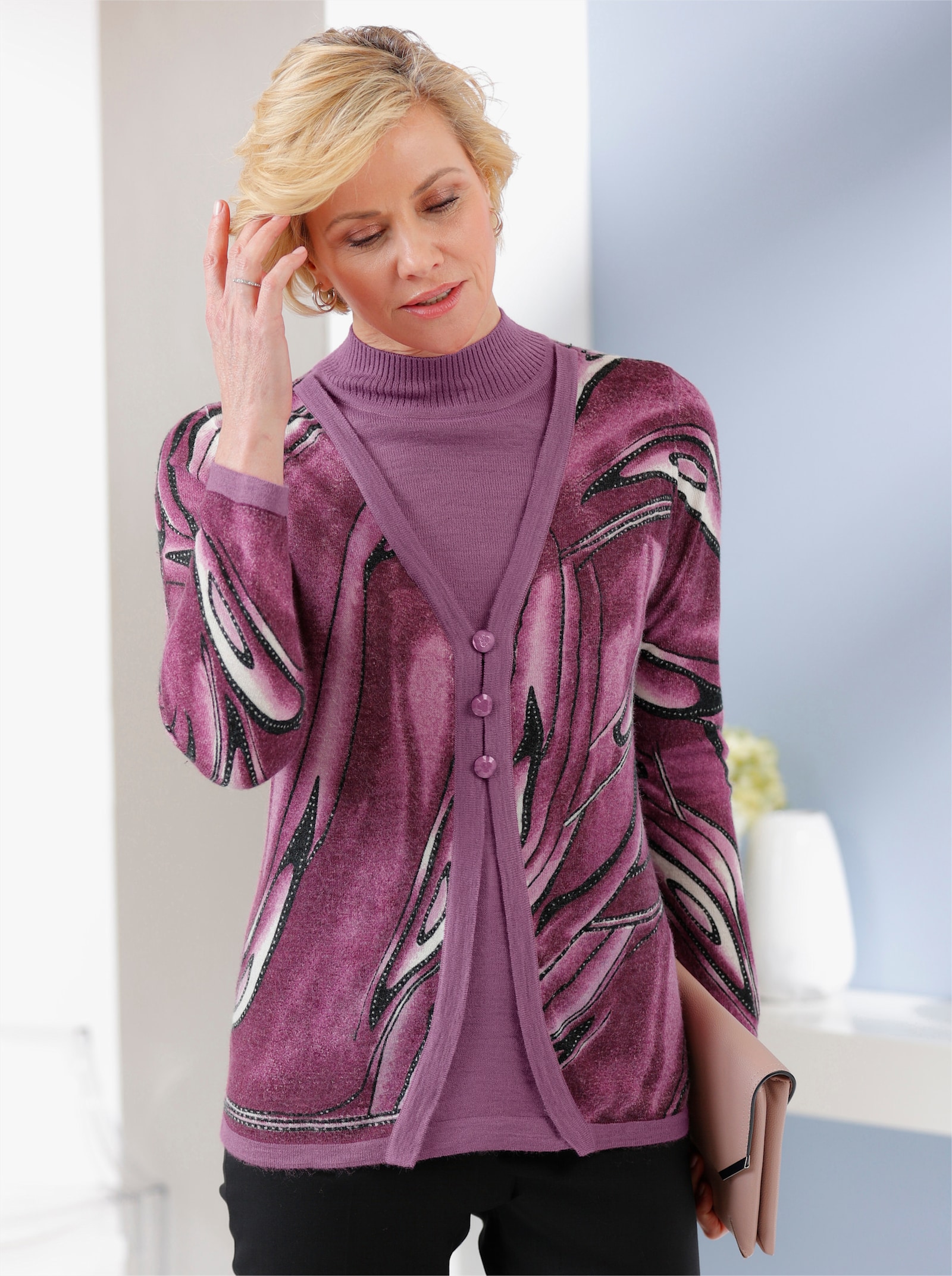 2-in-1-Pullover mit Stehkragen - violett-marine-gemustert
