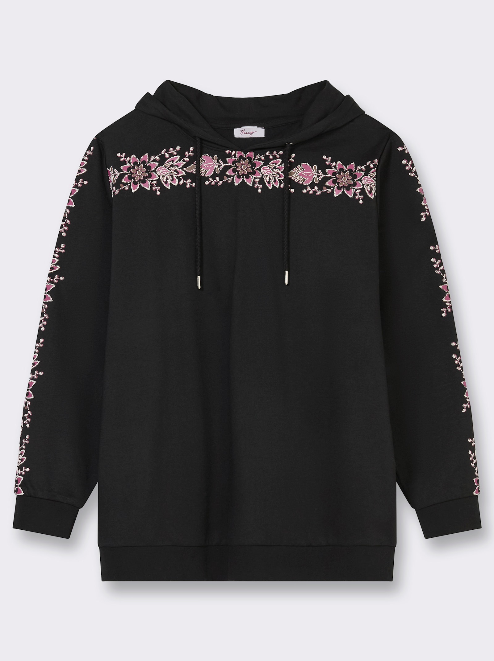 sheego Kapuzensweatshirt mit Blumenprint - schwarz-malve-bedruckt