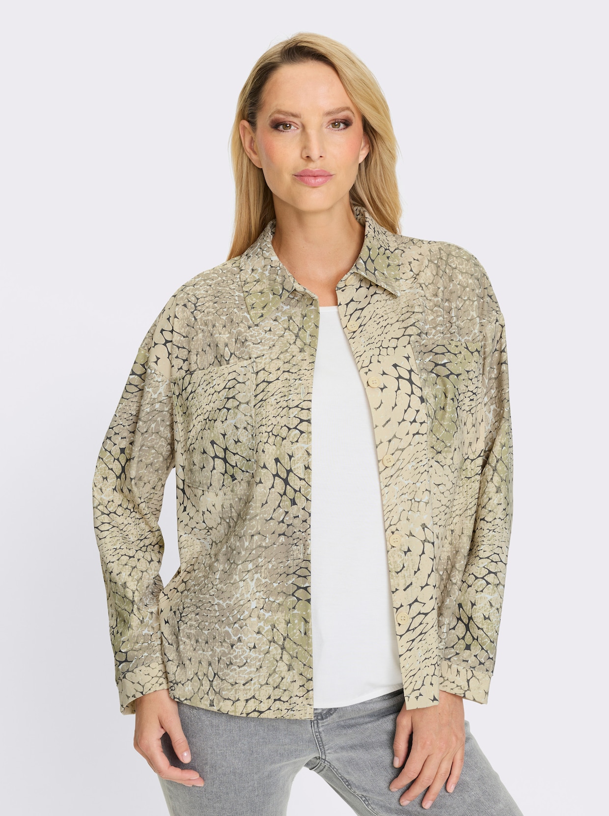 heine Jersey-Bluse - khaki-sand-bedruckt
