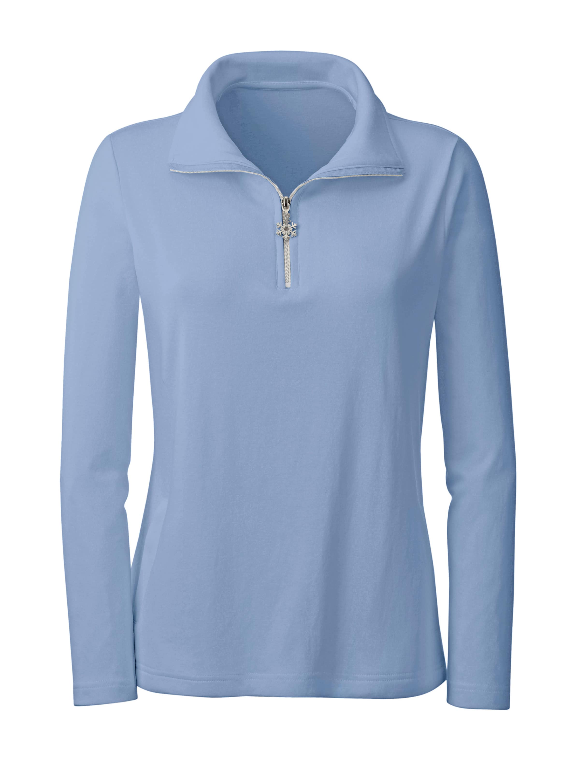 Lang Shirt  günstig Kaufen-Langarmshirt in bleu von heine. Langarmshirt in bleu von heine <![CDATA[Das Shirt ist durch seine Interlock-Qualität weich und zugleich angenehm leicht. Den Umlegekragen mit Reißverschluss können Sie jederzeit zum Stehkragen variieren. Sehr schön: Der