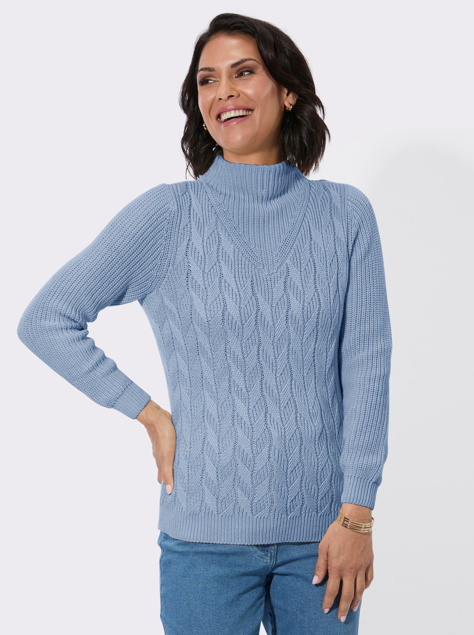 Langarm-Pullover mit Zopfmuster - bleu