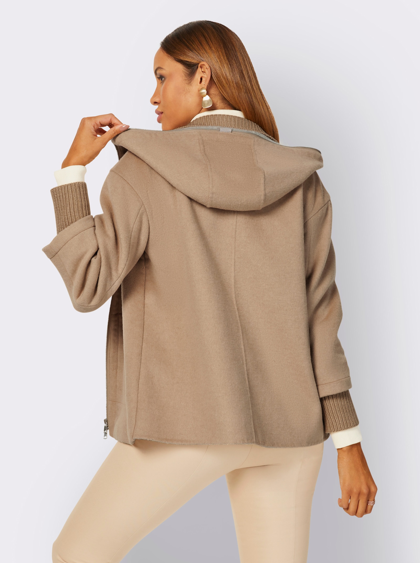 Manisa Wolljacke mit Strickeinsatz am Kragen - camel-sand-meliert