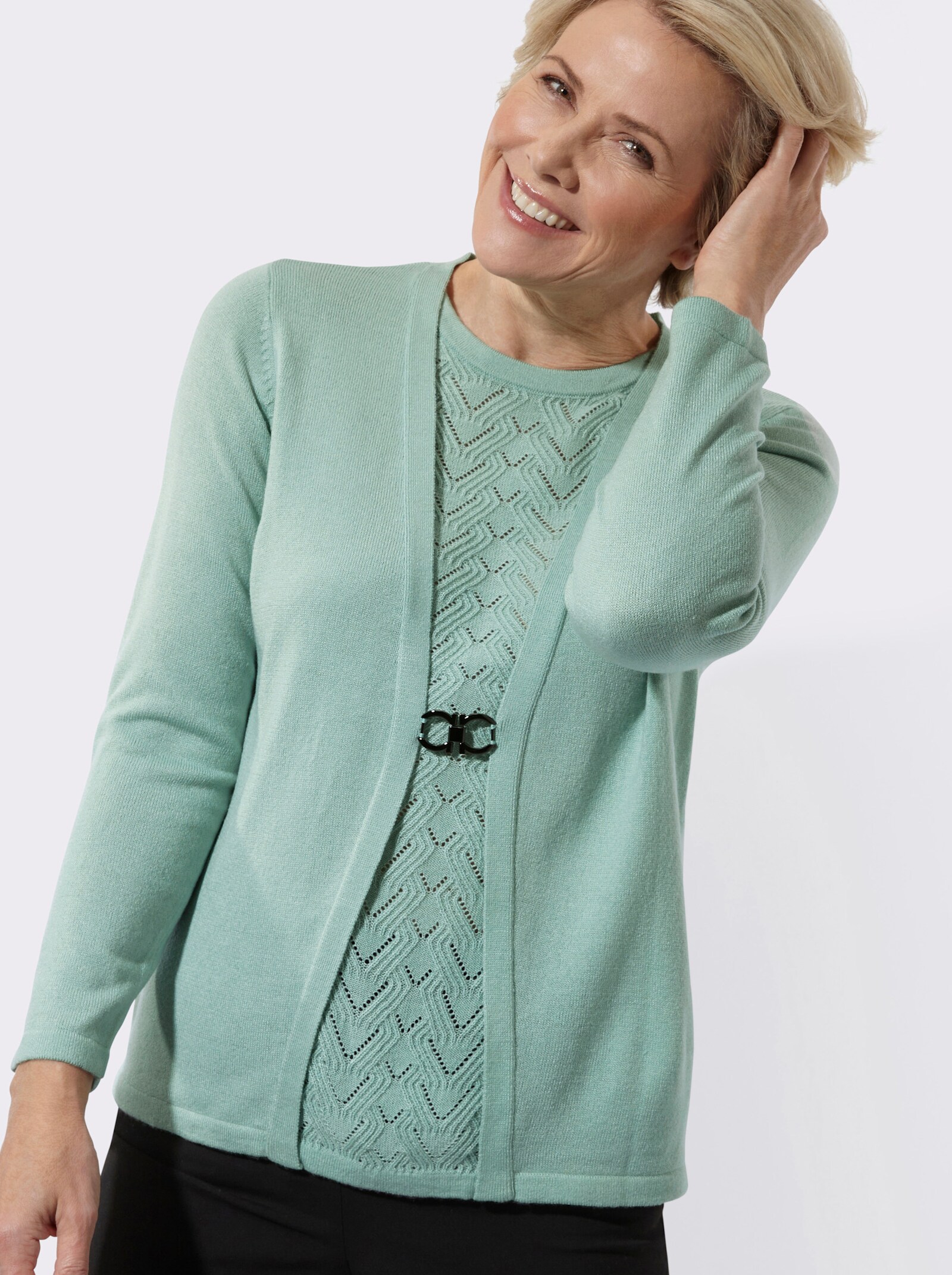 2-in-1-Pullover mit Ajourmuster - kalkmint