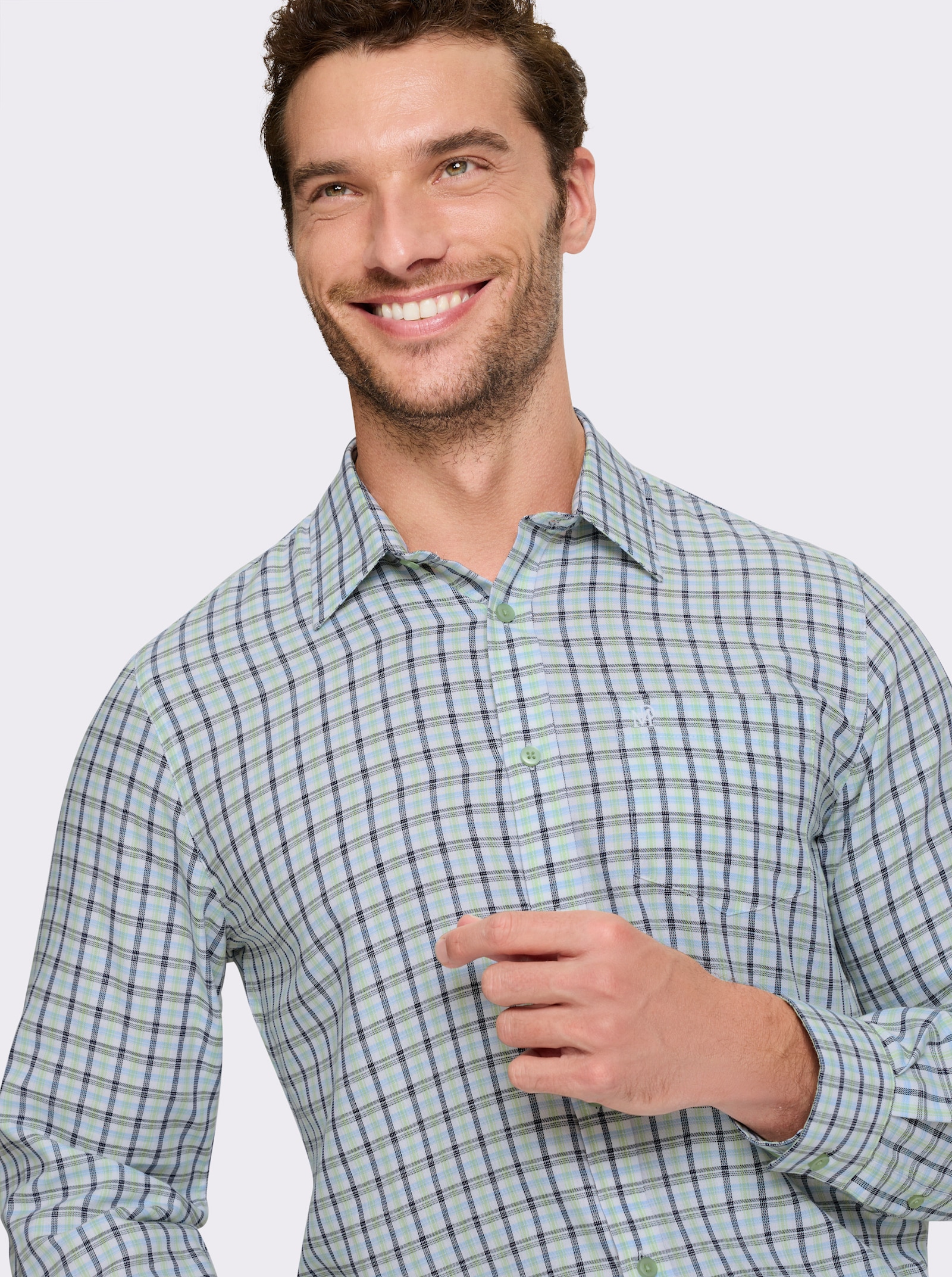 Marco Donati Langarmhemd in bügelfreier Popeline-Qualität - marine-reseda-kariert