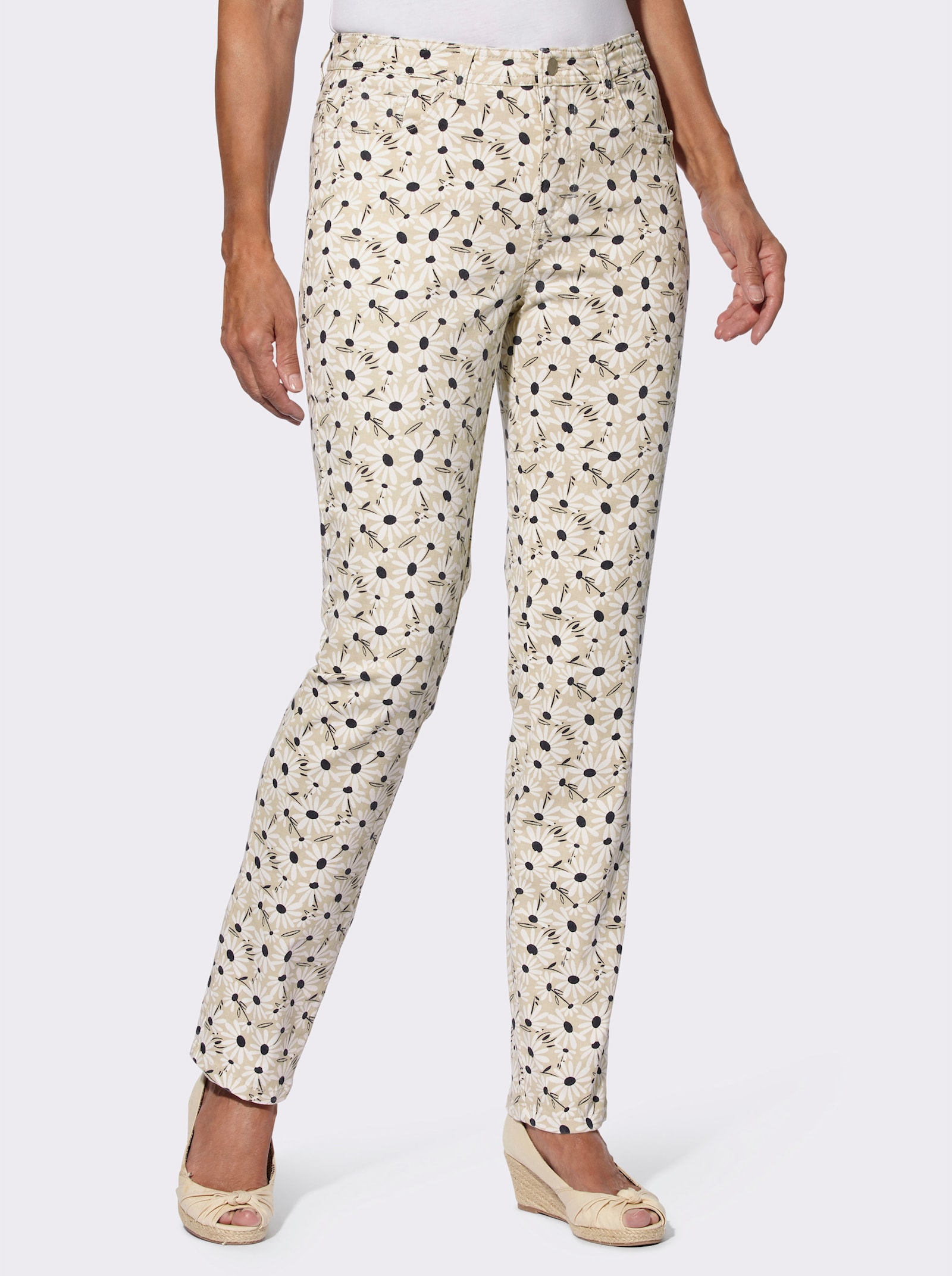 Stretchbroek met bloemenprint - zand/donkerblauw bedrukt