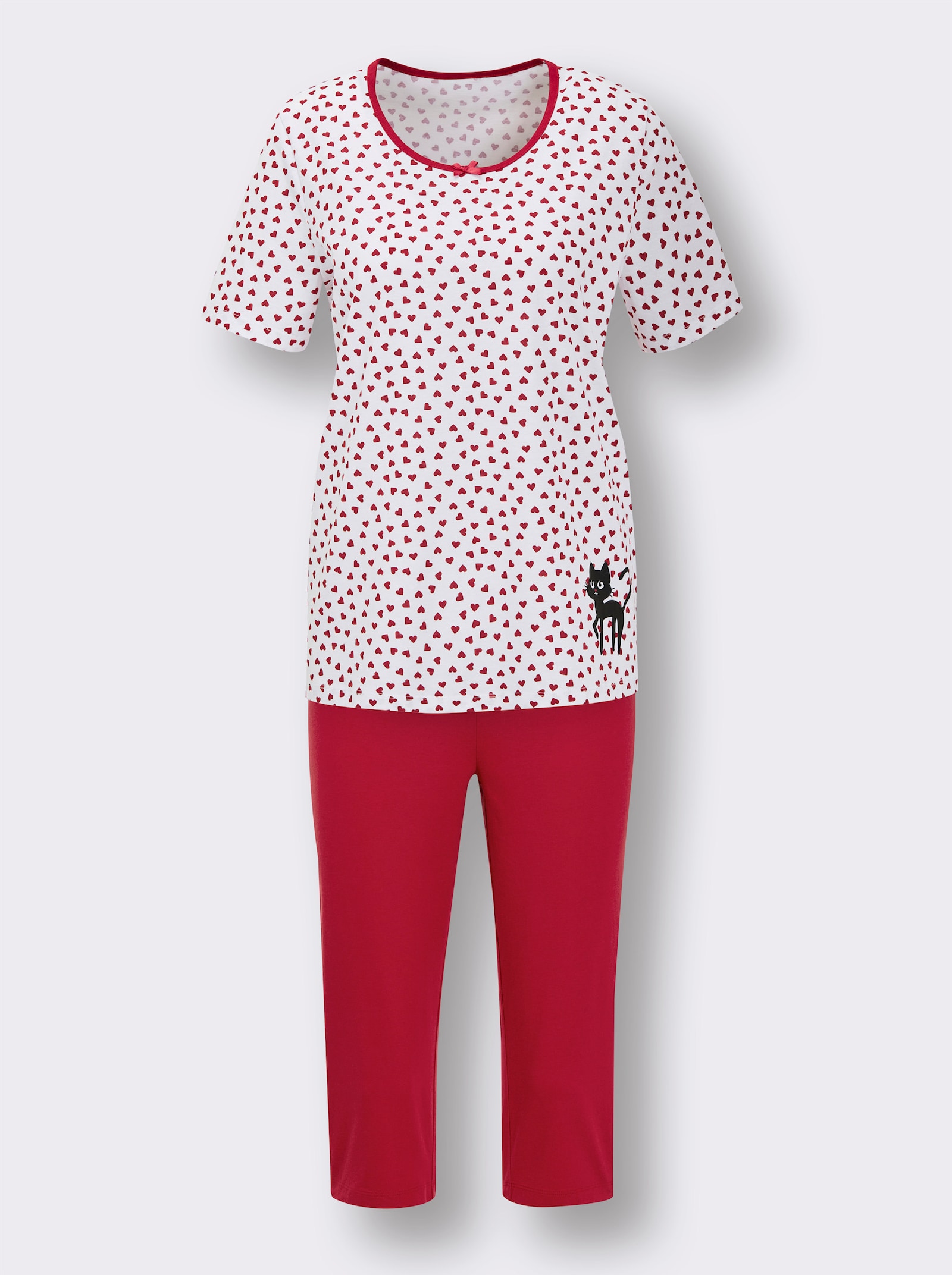 wäschepur Capri-Schlafanzüge mit Katzenmotiven - weiß-schwarz-bedruckt + weiß-rot-bedruckt