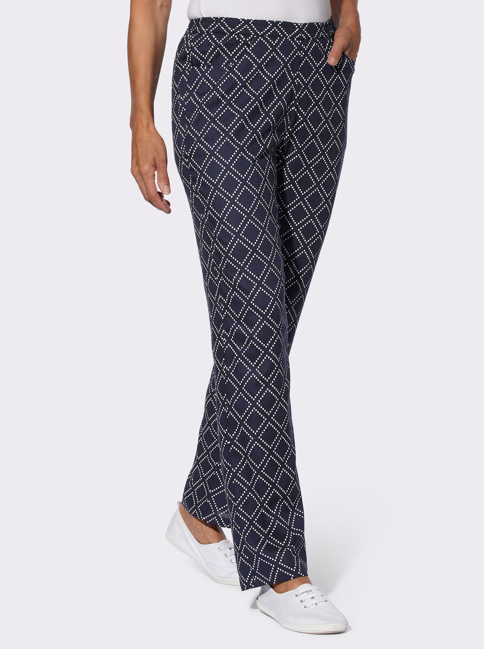 Comfortbroek van pure viscose, bedrukt - marine/wit geprint