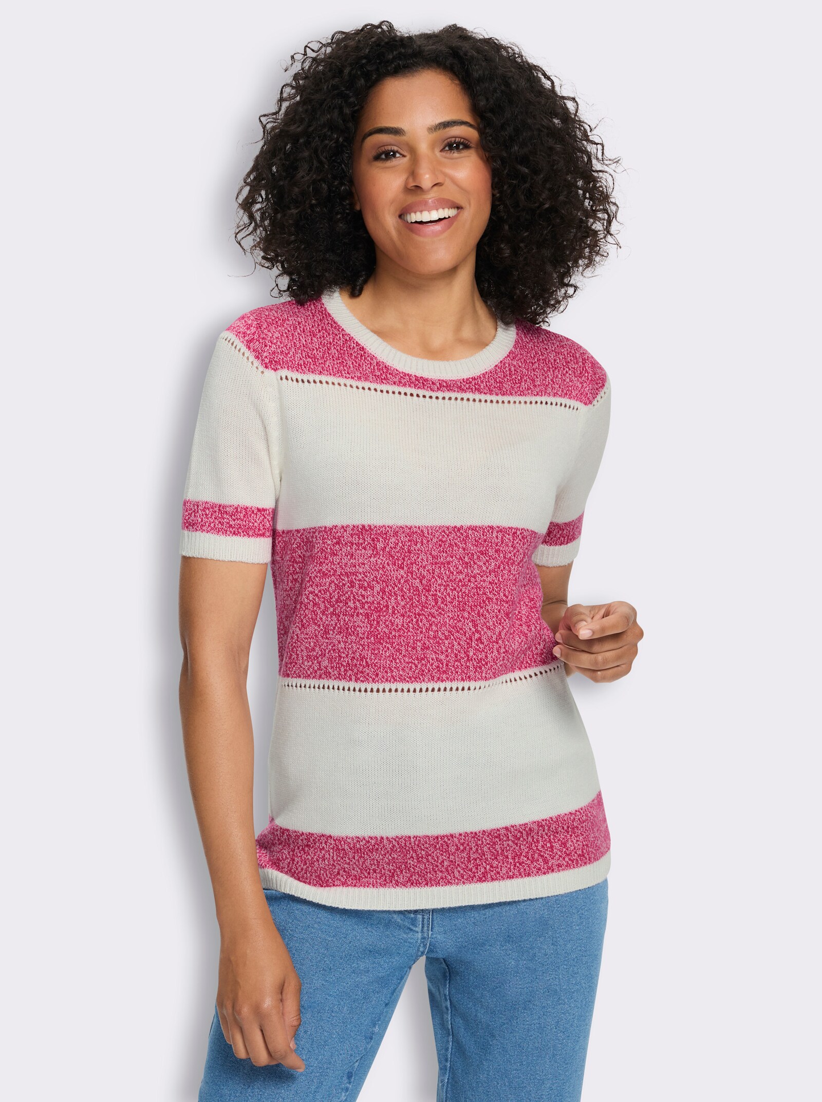 Kurzarmpullover im Ringel-Dessin - pink-ecru-gemustert